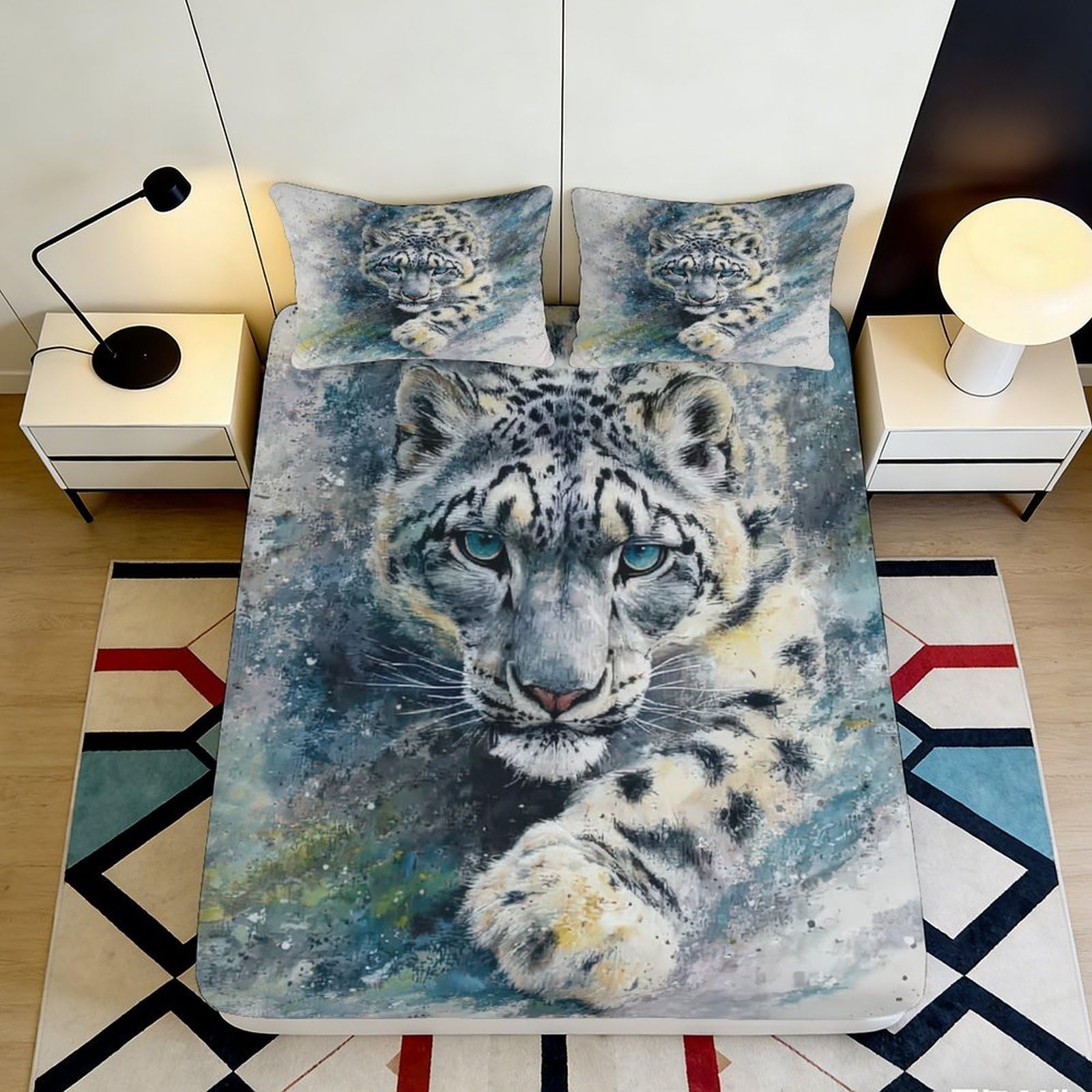 3D Printed Snow Leopard Fitted Sheet Microfiber Deep Pocket Bedroom Bedding Snow Leopard Mattress Fitted Cover Washable 90x200x25cm