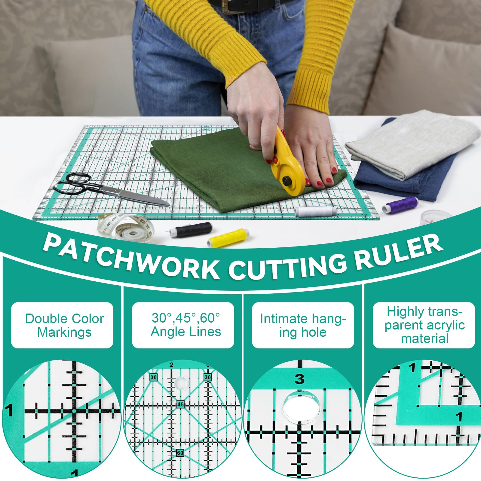 Set di 4 righelli quadrati per trapuntatura, modelli da cucito con 25 anelli antiscivolo, resistenti tagliati al laser per trapuntatura, scrapbooking e progetti artigianali (verde) (Rosa)