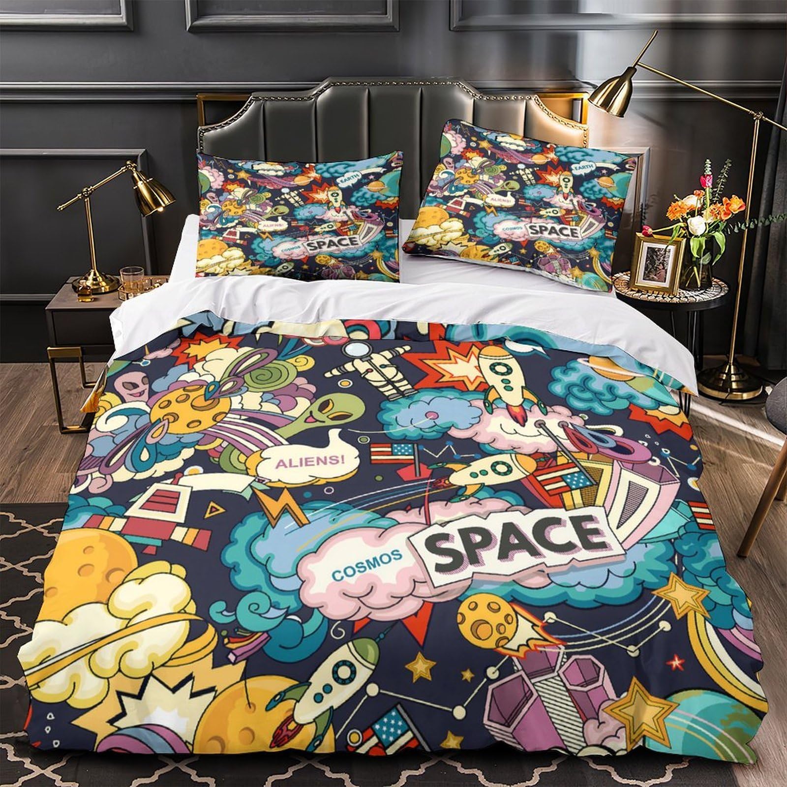Housse de couette space doodle 140x200 en microfibre 3D respirante