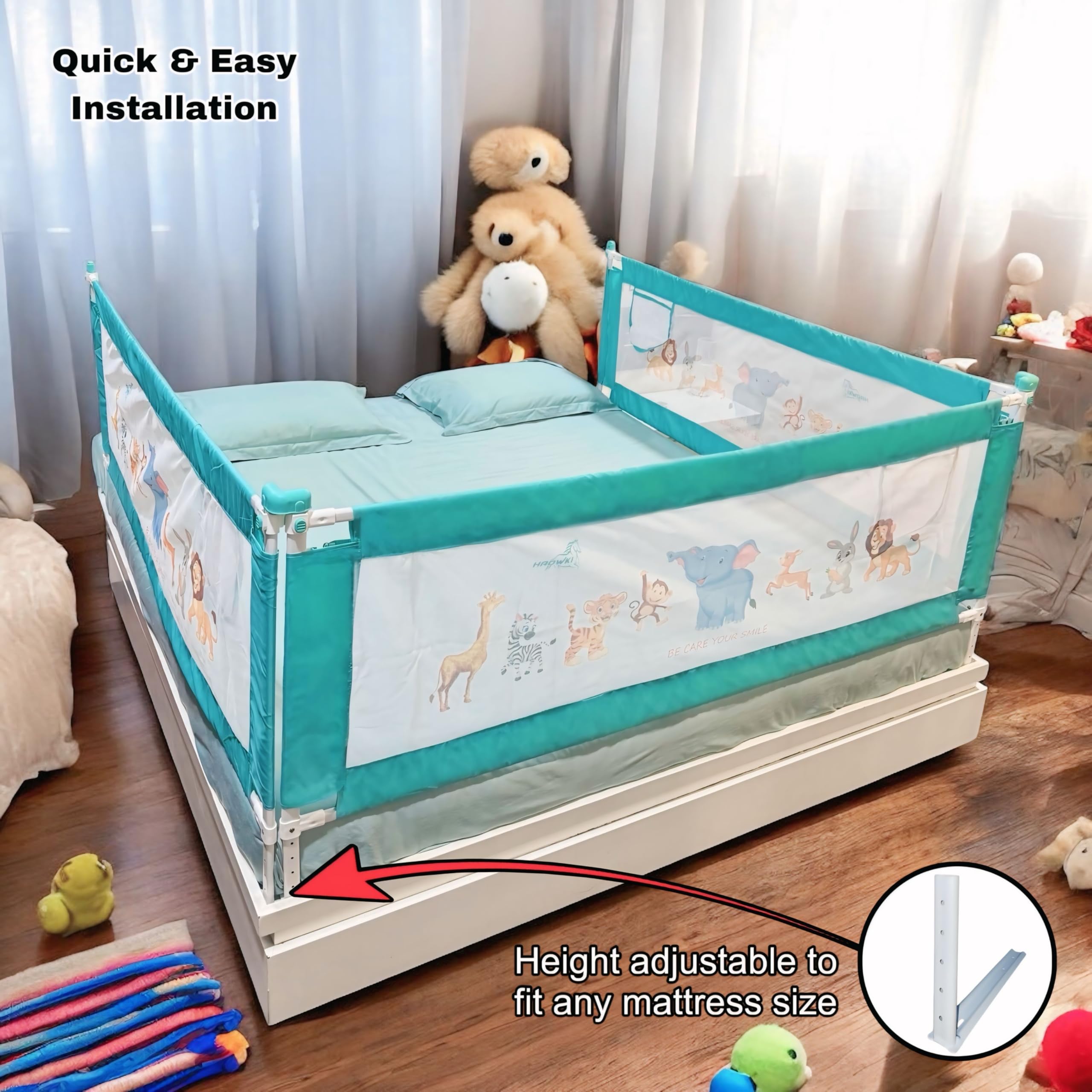 HAOWKI Baby Bed Rail Guard for Kids | Foldable Safety (6ft x 2ft) Bed Fence with Animal Print | Tear-Free Mesh | Suitable for All Bed Sizes (3, Green) - Image 4 thumbnail