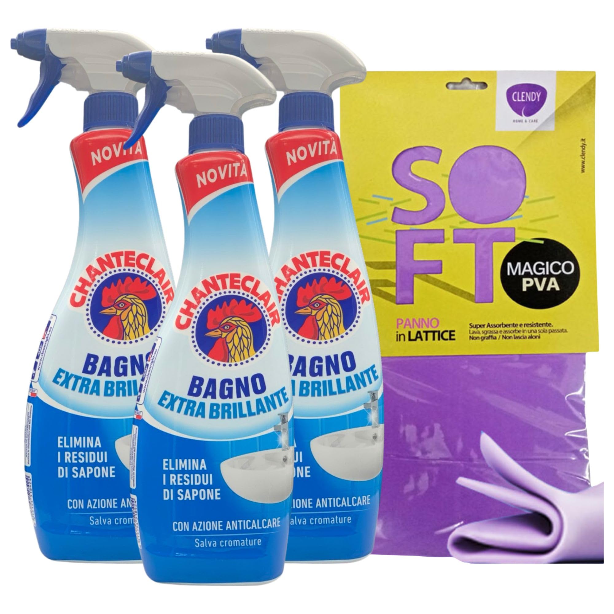 SET: 3x Detergente Spray BAGNO EXTRA BRILLANTE, Elimina i Residui Di Sapone, Con Azione Anticalcare 625ml + Panno SOFT In Lattice, Formato 30x30cm