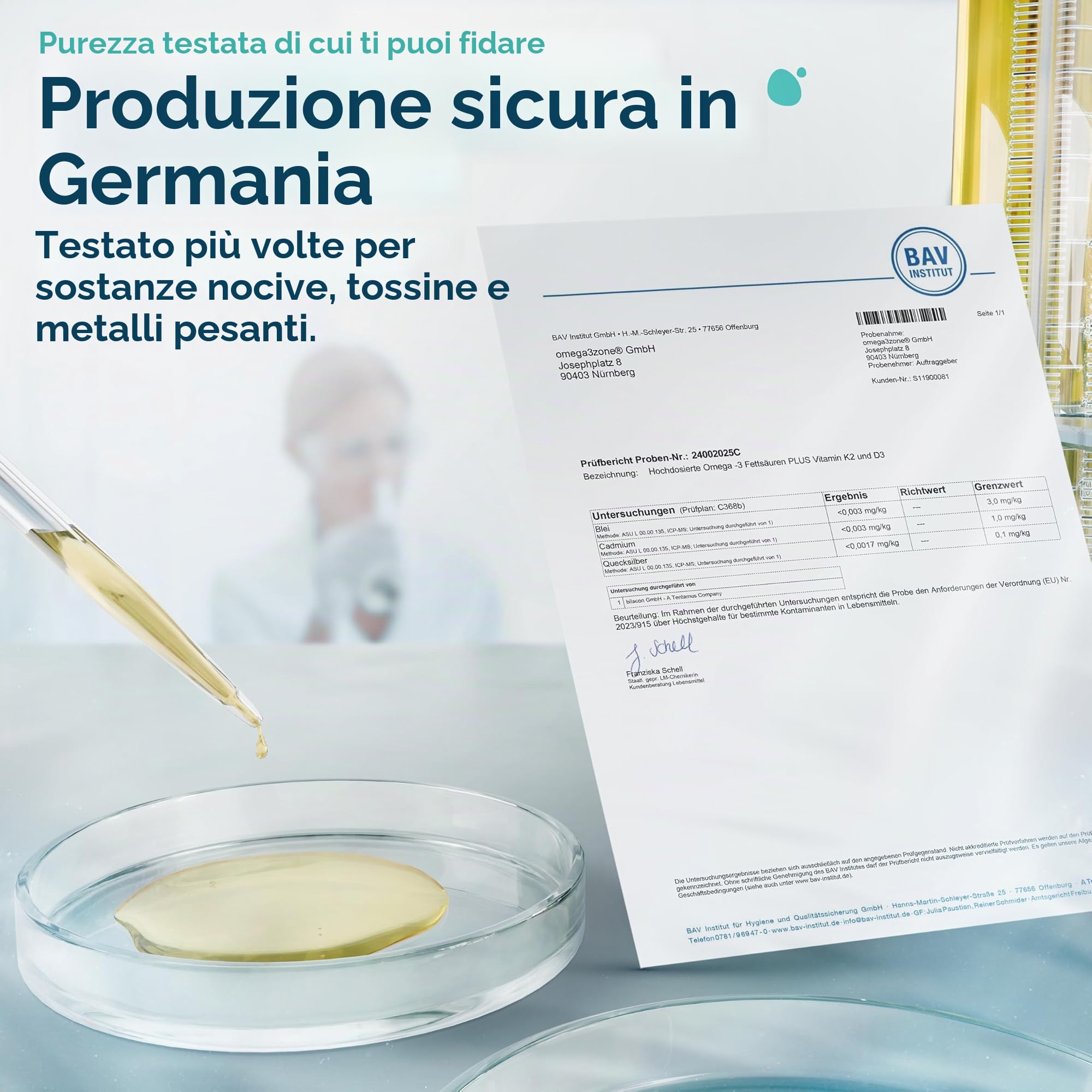 omega3zone Premium Omega-3 Olio con Vitamina D3 K2 – Olio di pesce ad alta concentrazione D3K2 – All trans MK‑7 K2 3.840 mg per porzione – Testato in laboratorio – Prodotto in Germania – Limone 500 ml