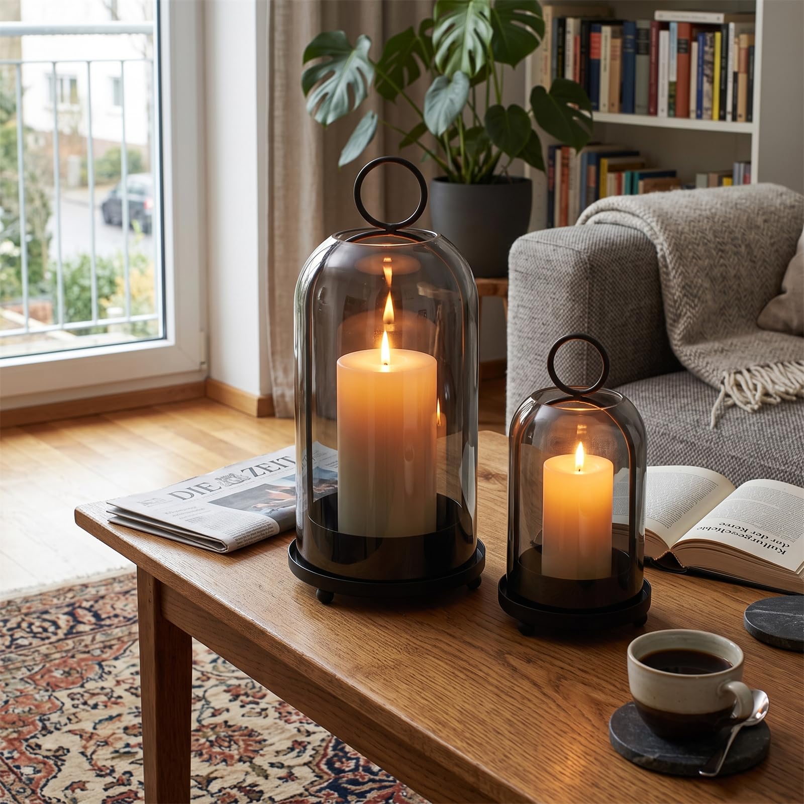 Sziqiqi Windlicht Schwarz mit Rauchglas, 2er-Set, Deko für Wohnzimmer