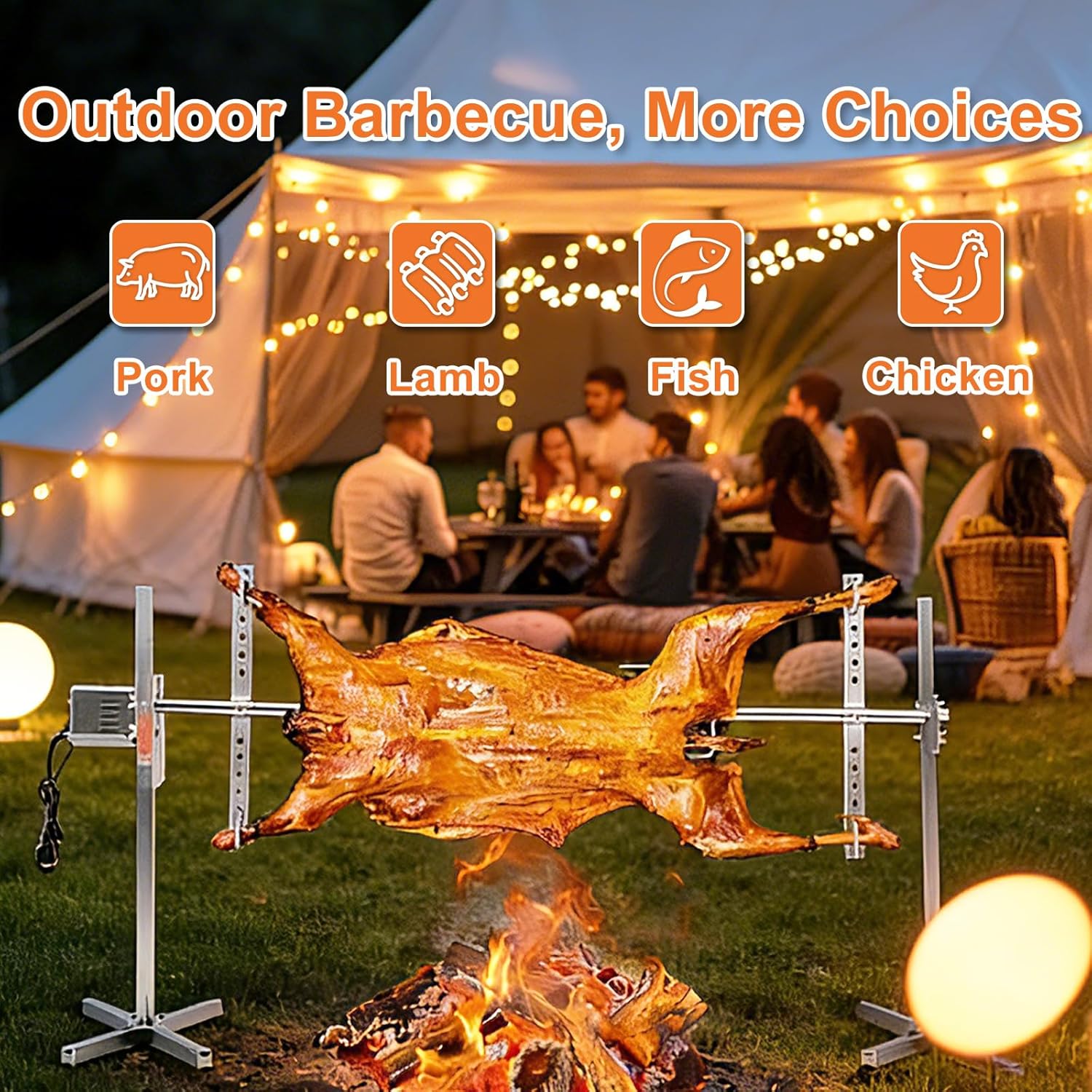 Rotisserie Grill Kit Stainless Steel Tripod Rotisserie Stand,Outdoor Electric Rotisserie BBQ Grill Kit,Adjustable Height 25W Motor with 19" Stainless Steel Spit, Heavy Duty for Chicken Pig Roasting