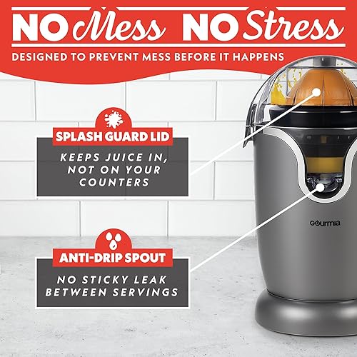 Miniatura 3 de Gourmia Exprimidor automático de cítricos manos con operación de un solo toque, cono universal, boquilla antigoteo, accesorios aptos para