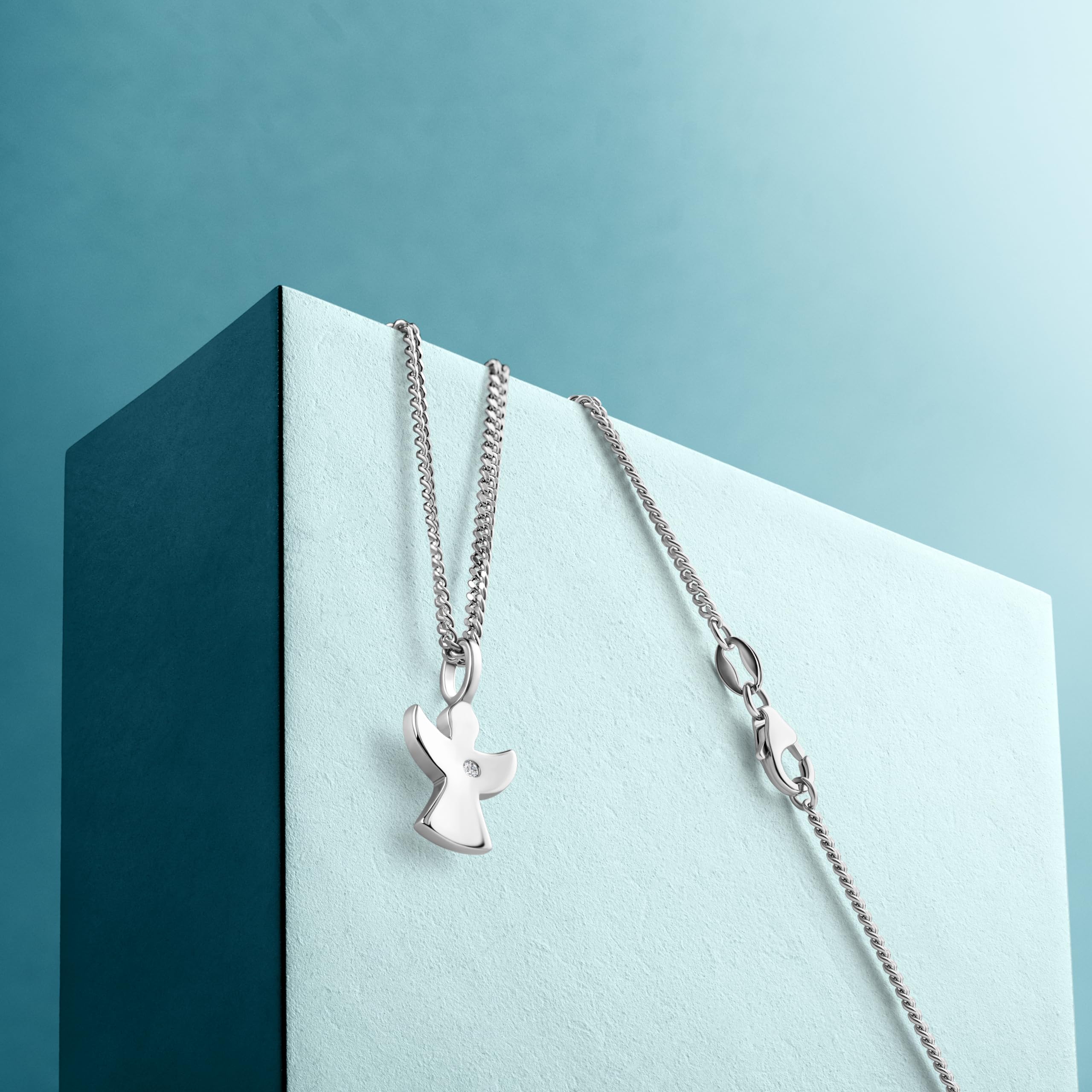 MIORE Collana Angelo Donna con Zircone in Argento Sterling 925, Ciondolo Angelo con Catena dal design Classico, anallergico. Ciondolo con Catenina Grumetta Lunga Cm 45.