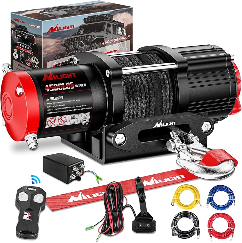 ATV UTV Electric Winch 12V 4500 lb w Synthetic Rope Remote Control | Portable Waterproof IP67 Winch with Wireless & Wired Remote Hawse Fairlead Mount Plate for Towing Trailer Truck Jeep OffRoad