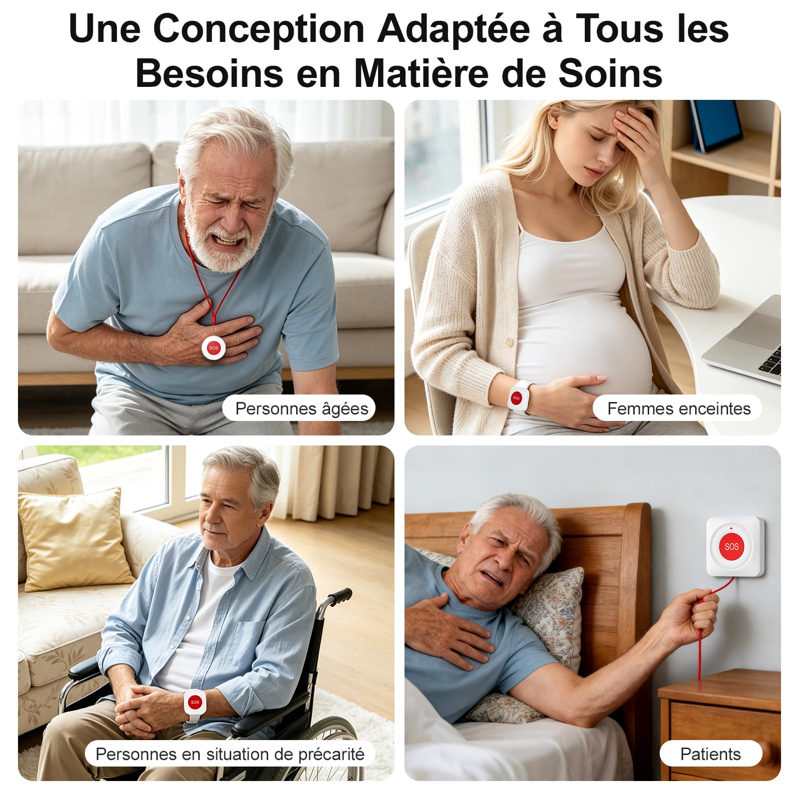 Bouton d'appel d'urgence WiFi, Alarme Personne pour Personnes Agées, Enfants, Patients, Femmes Enceintes(2 Boutons d'appel SOS, 1 Bracelet SOS, 1 Récepteur)
