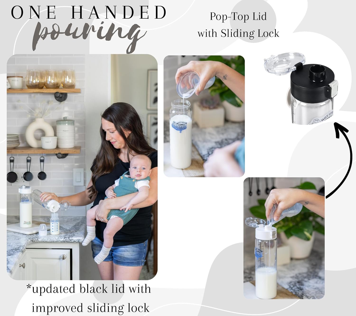 Moose N' Otter Creations Glass Breast Milk Storage Pitcher with Pop-Top Bottles for Fridge, 21 Oz, 2 Pack, Reusable Expiration Tags, Marker and Stickers - Not Your Cow's Milk