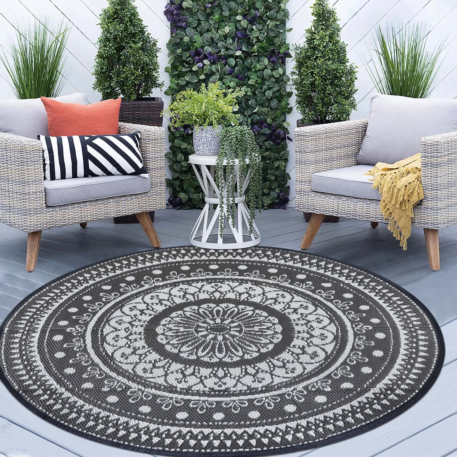 Cekene Round Outdoor Rug Waterproof 150cm Grey Reversible Garden Rug Plastic Easy Clean Area Floor Mat for Outdoors Patio Garden RV Trailer Backyard Deck Picnic