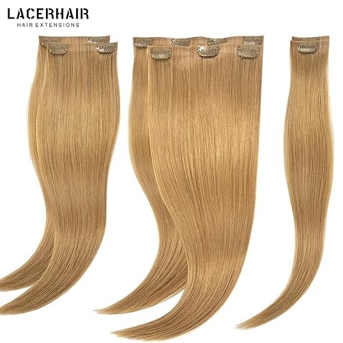 Vista 18 de Lacer Extensiones de cabello humano con clip, de doble trama, cabello brasileño de cabeza completa, color negro azabache, extensiones de cabello