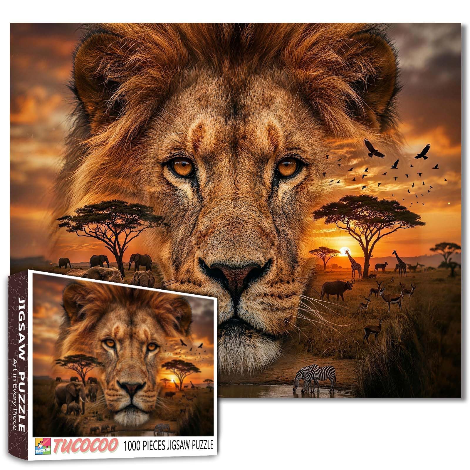 African Lion Puzzle Wildlife Jigsaw Elephants Zebras Giraffes Birds Flying Savanna Sunset 1000 Pieces Puzzles for Adults Beginner Challenging Family Activity Games DIY Crafts for Home Decor Gifts โ image 1
