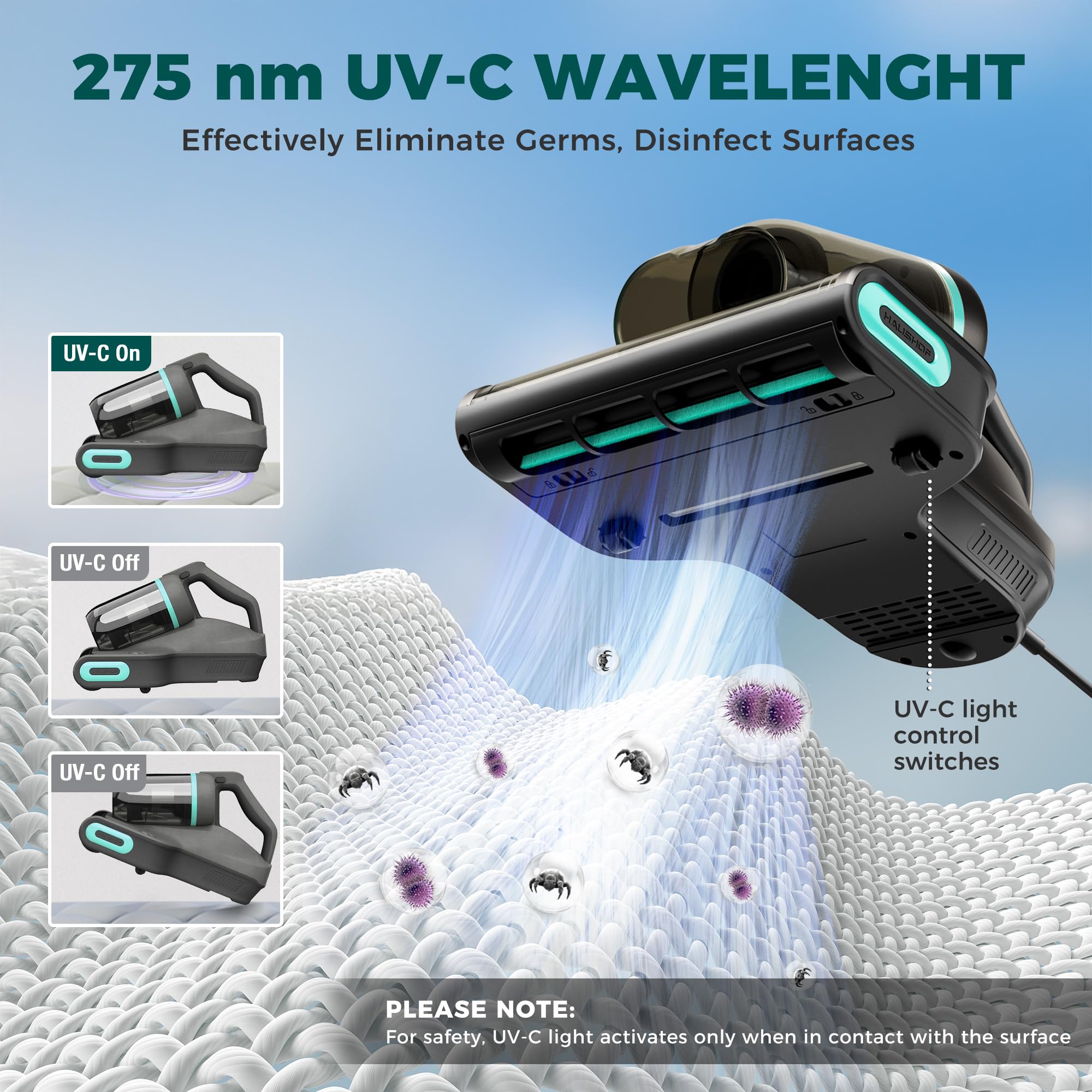 HAUSHOF Odkurzacz do materacy z lampą UV 275 nm, mocy 400 W i siłą ssania 15 kPa, podwójnym pojemnikiem na roztocza z filtrem HEPA, gorące powietrze 60°C i aromaterapia, do łóżek i sof