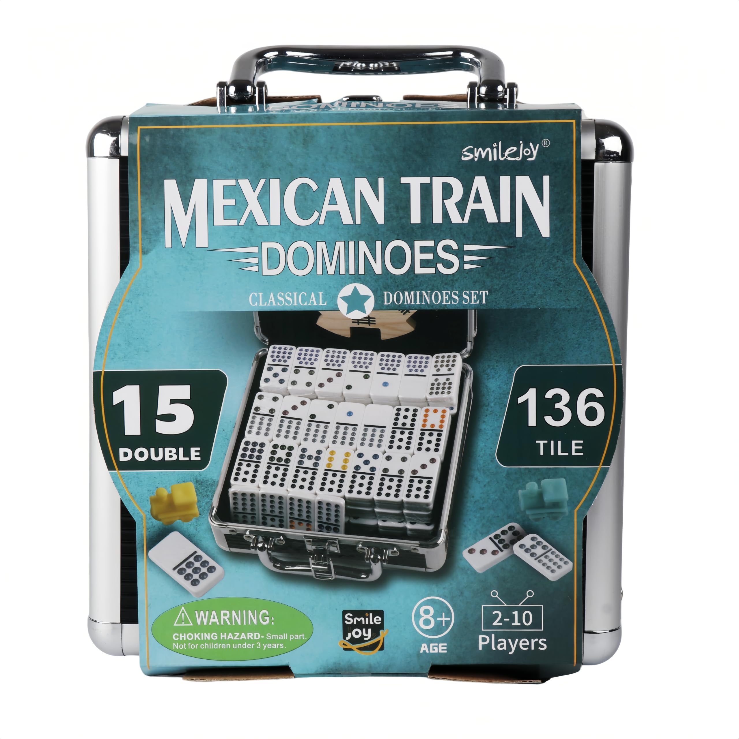 Smilejoy Dominó de tren mexicano, juego de dominó doble de 15 colores con caja de aluminio, juego de tren mexicano, 136 fichas de dominó de puntos (2-10 jugadores)