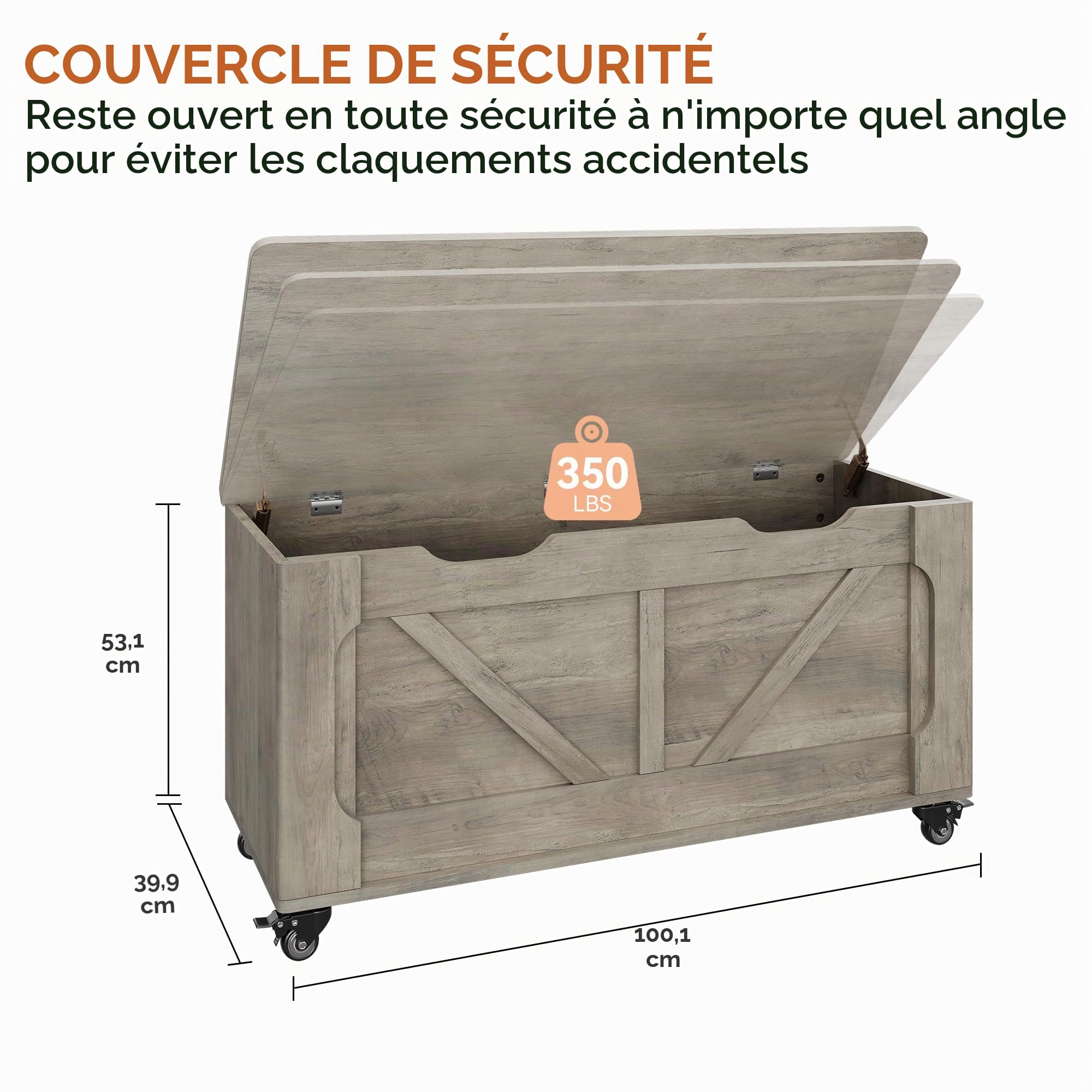 Garvee Banc Coffre de Rangement en Bois sur roulettes – 100 cm, capacité 160 kg, Angles arrondis, charnières de sécurité – Style Moderne Rustique pour entrée, Salon ou Chambre – Coupe en U – Gris