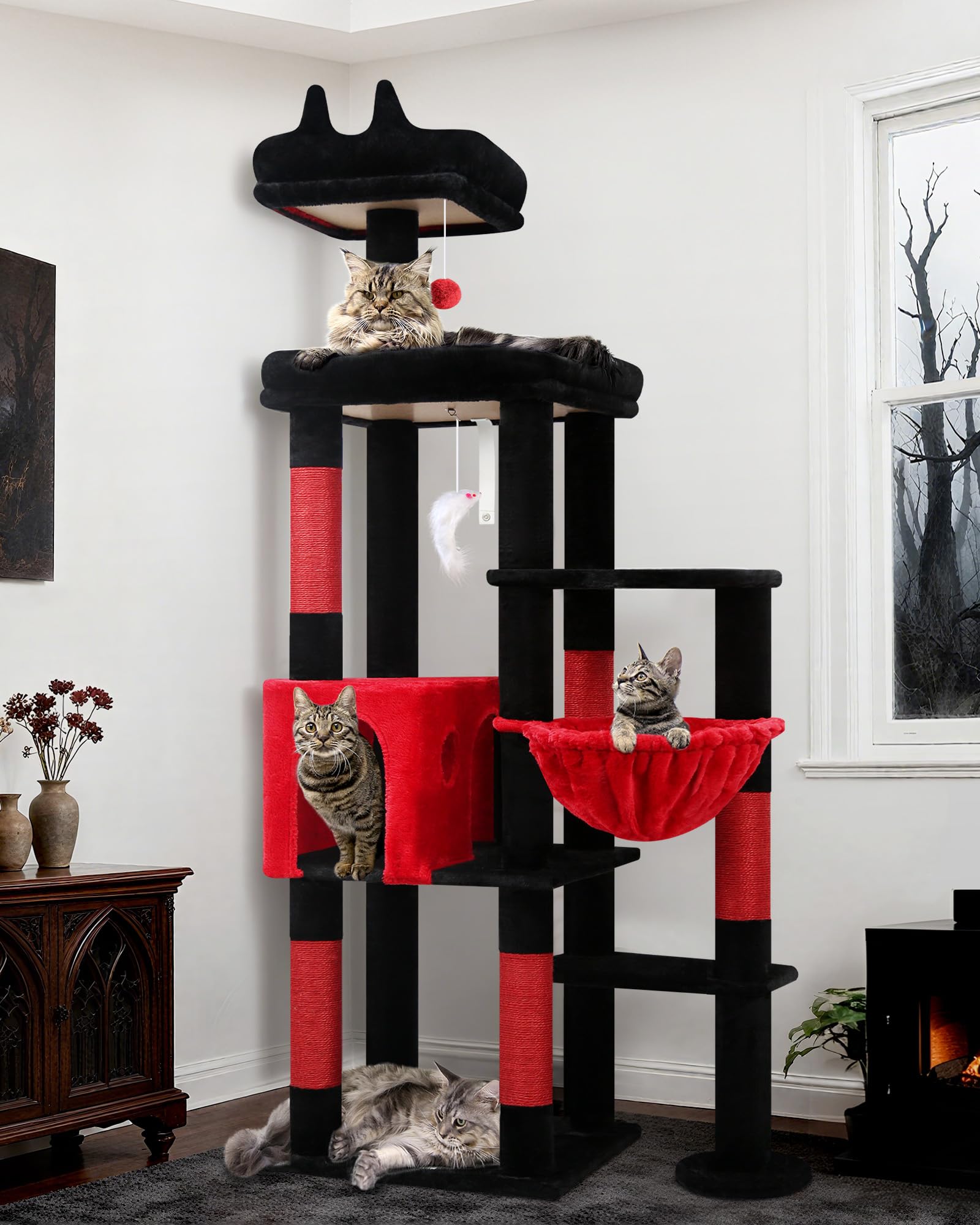 Globlazer Árbol Rascador XL Gótico Negro Rojo, Rascador para Gatos Alto 167 cm con Grandi Plataformas Acolchada Percha Nidos Cesta, Estable Torre para Gatos Grandes 5KG+ Interior (F65B, Gótico)