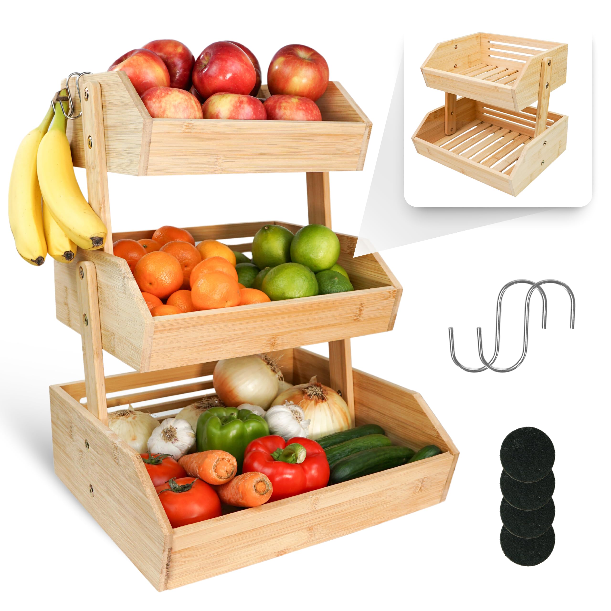 Avirti 3-Tier Bamboo Fruit Basket – Transforms To 2-Tier | 2 Banana Hooks Included – 14" W x 12.5" L x 19" H – Fruit Holder for Kitchen Countertop -