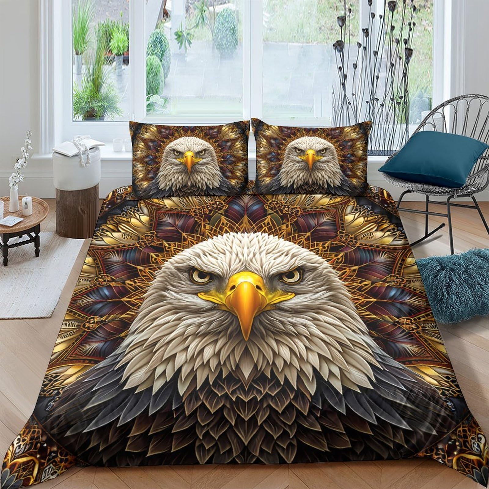 GPLZQXKJNH 3D Printed Bald Eagle Duvet Cover Microfiber Soft Breathable Golden Feathers Bedding Set with 2 Pillowcases for Bedroom Decor Single（135x200cm）