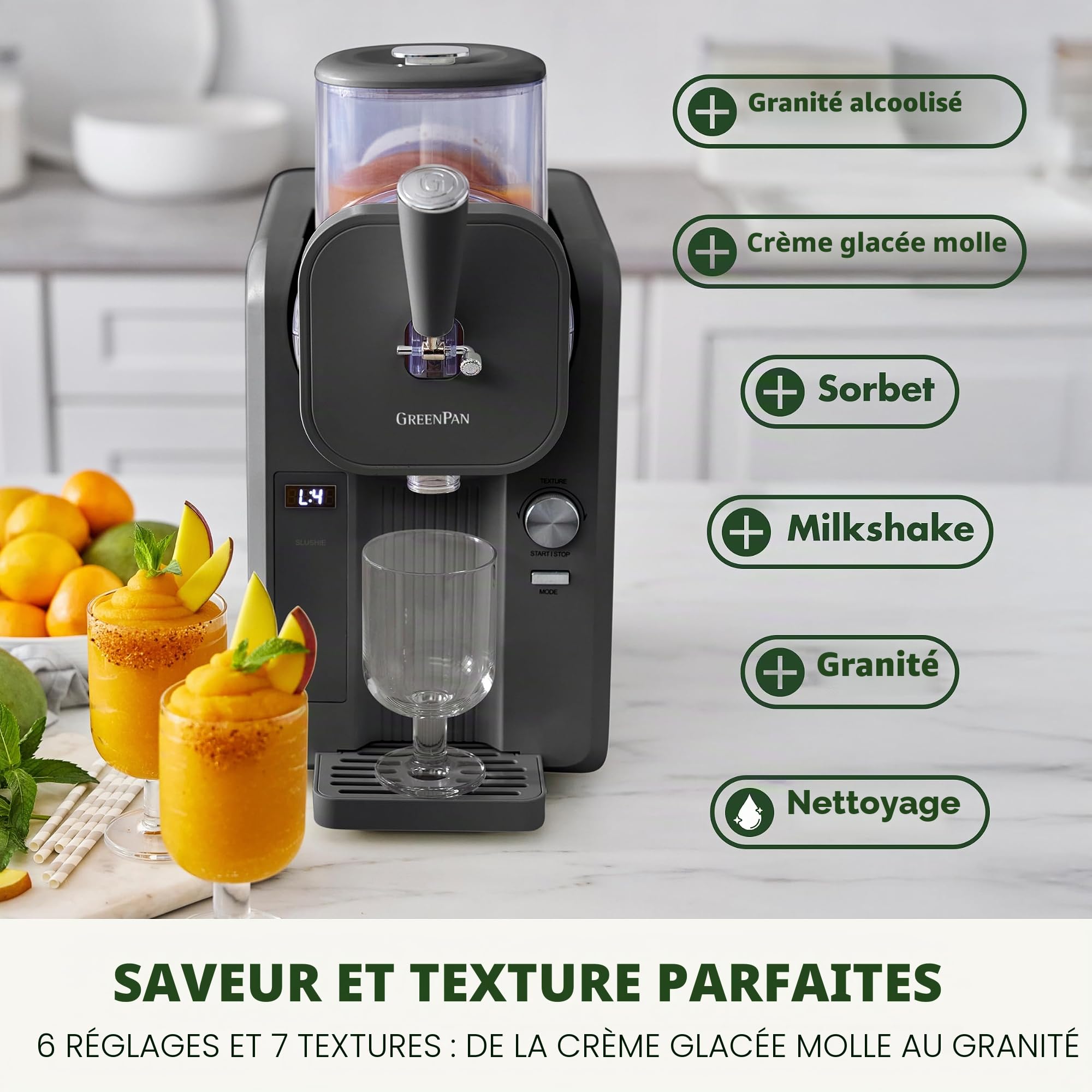 GreenPan Frost Sorbetière & Machine à Slushie, Glace Italienne, Sorbet, Milkshakes, Yaourt Glacé, Sans Pré-congélation, Prête en 15 Min, 15-en-1, 6 Modes, 7 Textures, Autonettoyante, Gris