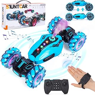 Highttoy Remote Controlled Car Children, 4WD Hand-Controlled Twist Car with Spray, Music and Lights, 2.4GHz 360° Rotation Stunt Drift RC Car Toy from 6 7 8 9 10 Years Boys Gifts, Blue