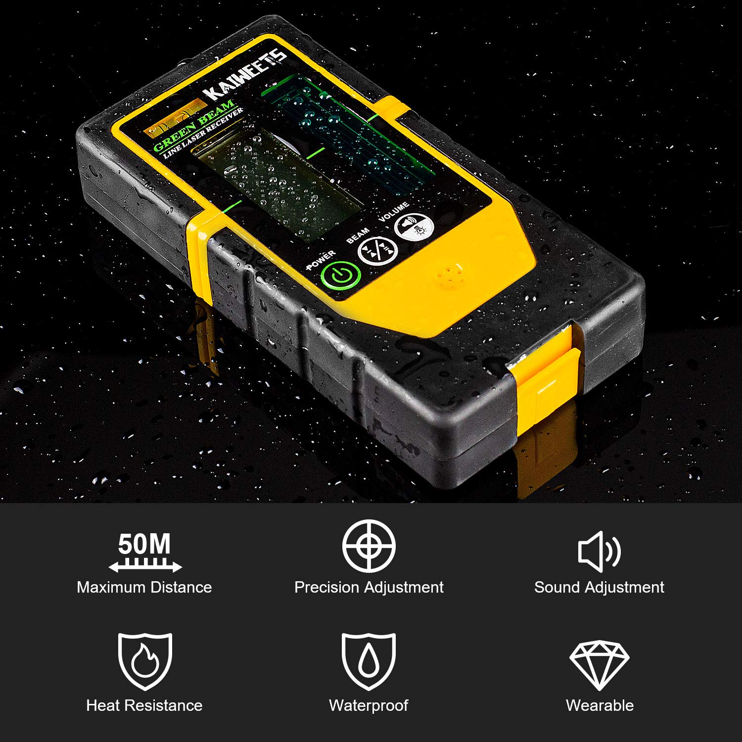 KAIWEETS LR100G Receptores láser, Sólo compatible con KAIWEETS KT360A/KT360B Nivel Láser, Detector que Alcance de trabajo hasta 60M, con abrazadera para trabajar en exterior