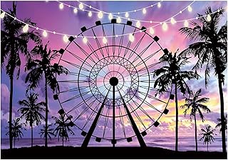 Funnytree 7x5ft Summer Seaside Ferris Wheel Photography Backdrop Tropical Palm Tree Sunset Background Baby Shower Birthday Decor Party Banner Photo Booth Studio Props Mini Session