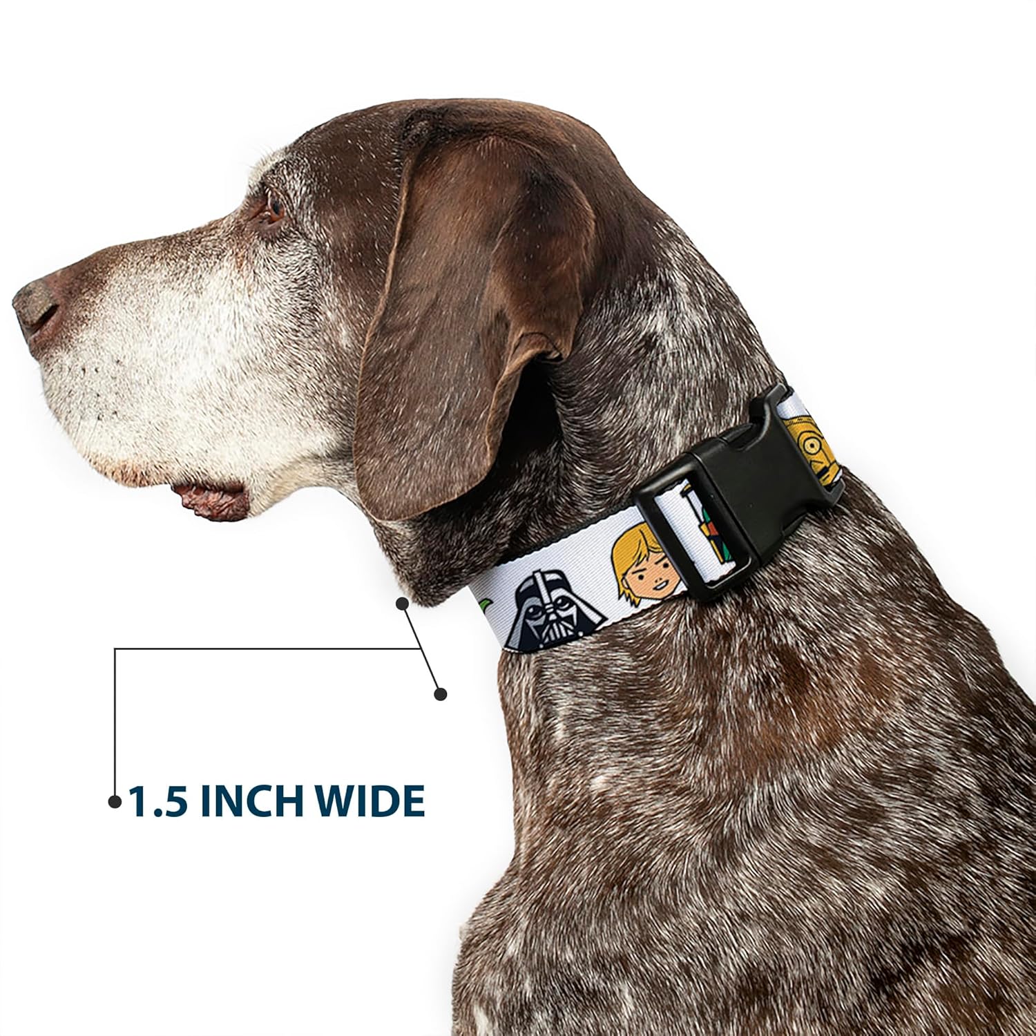 Star Wars Pet Collar, Dog Collar Plastic Buckle, Star Wars 6 Character Faces White, 16 to 23 Inches 1.5 Inch Wide