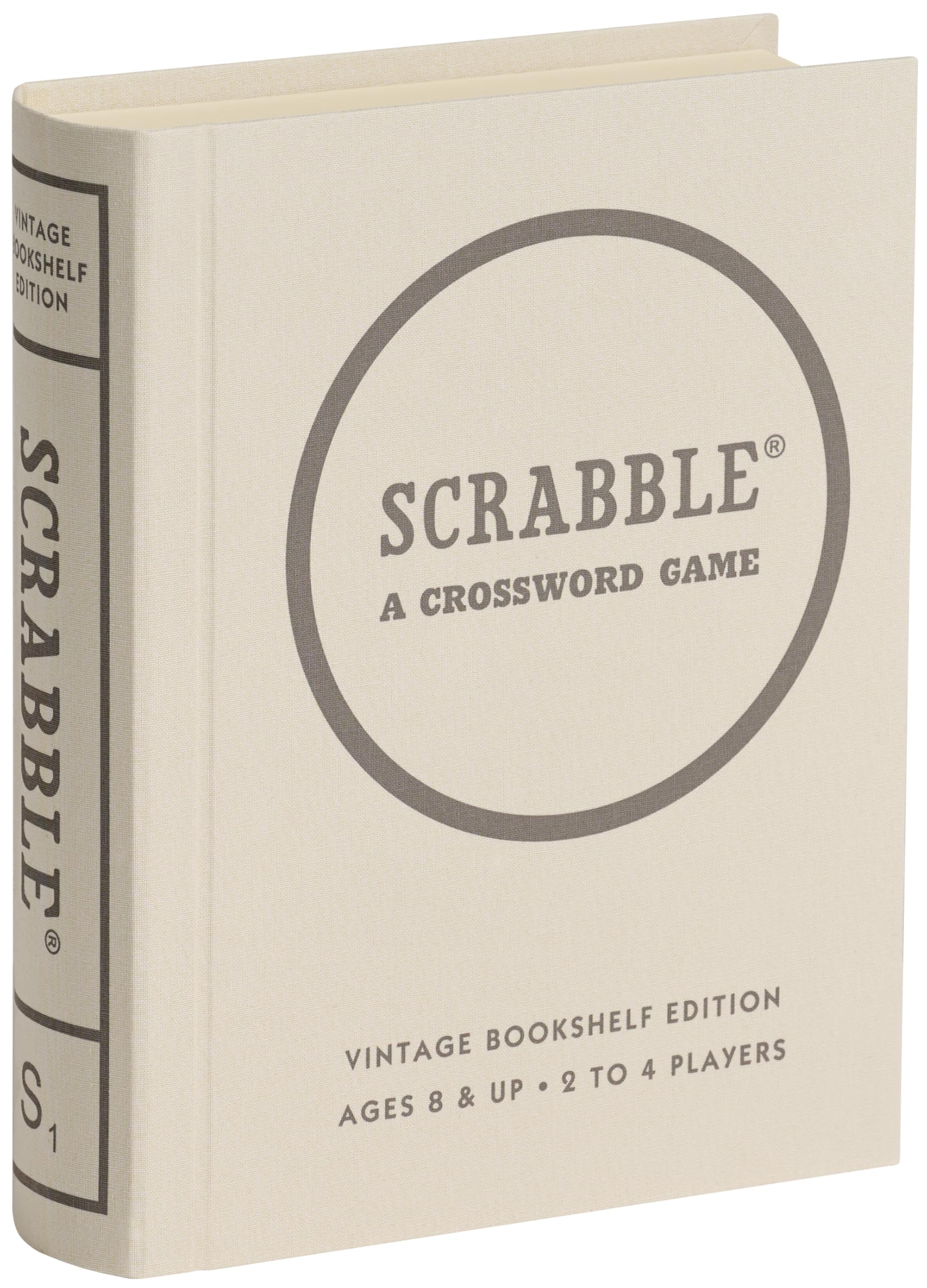WS Game Company Scrabble Vintage Bookshelf Edition Linen Fabric-Wrapped Book Case with Solid Wood Tiles and Racks, Classic Retro Scrabble Board Game for Family Night, 2 to 4 Players, Ages 8+