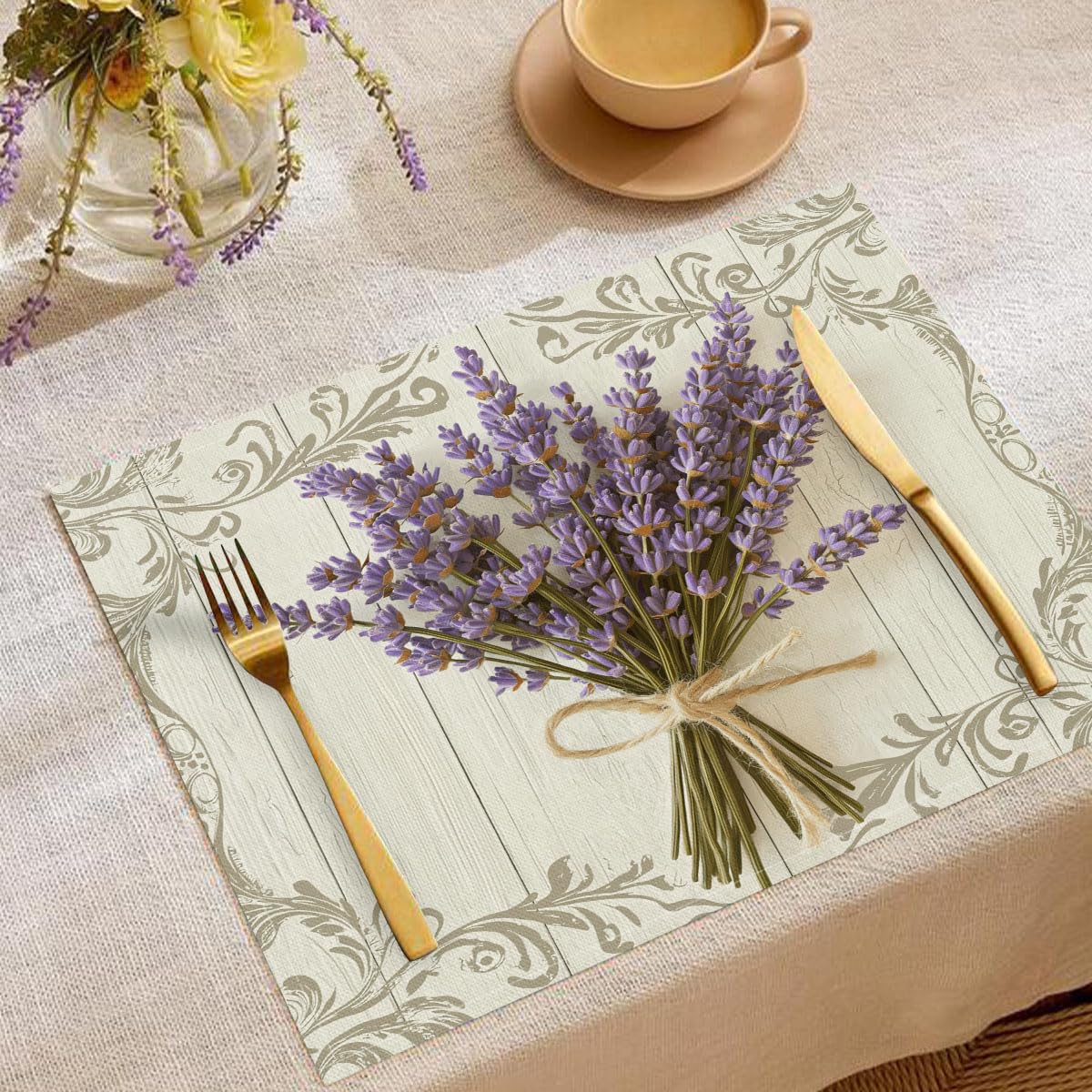 Set di 8 Colazione Stoffa 30x45cm, Bouquet Di Lavanda Cotone e lino Tovagliette Americane Lavabili, Tovagliette Retro Venature Del Legno per Primavera Vacanze Cucina Feste, Pasqua