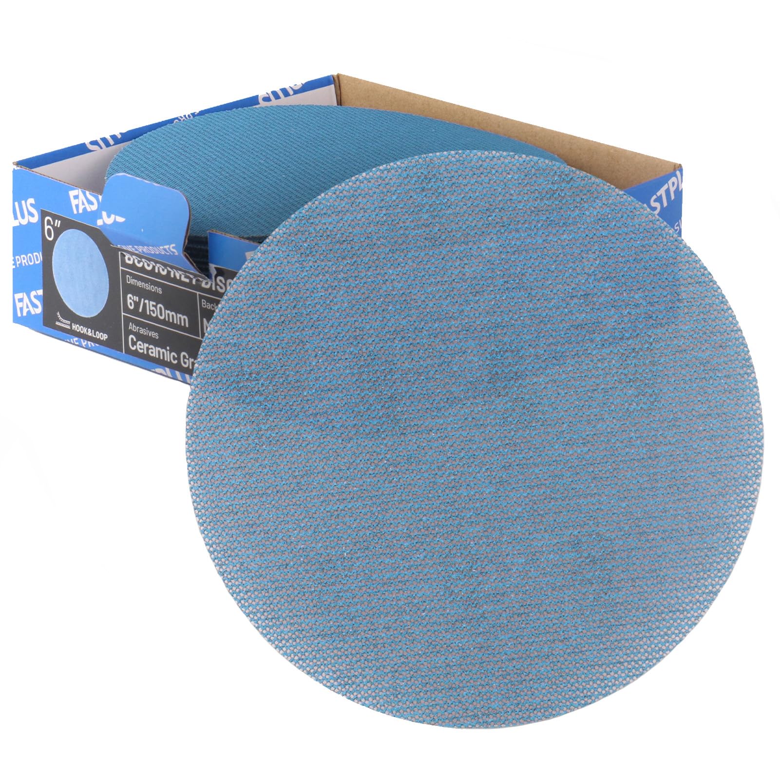 FASTPLUS 50 PCS Blue Net Disc 6 inch Sanding Discs 400 grit Ceramic Abrasive Sandpaper Hook and Loop Orbital Sander Pads for Coating Removal,Body Repair, Auto Sanding