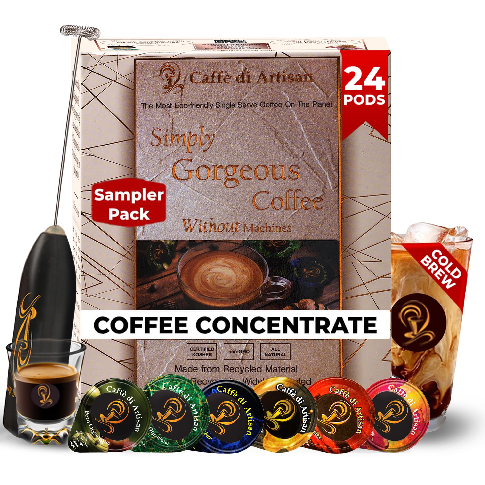 Sampler Pack Cold Brew Concentrate Instant 24 Coffee Pods 100% Pure Rich Arabica Medium to Medium Dark Roast Coffee Beans Syrup | Instant Coffee Concentrate Liquid Capsule From Caffè Di Artisan