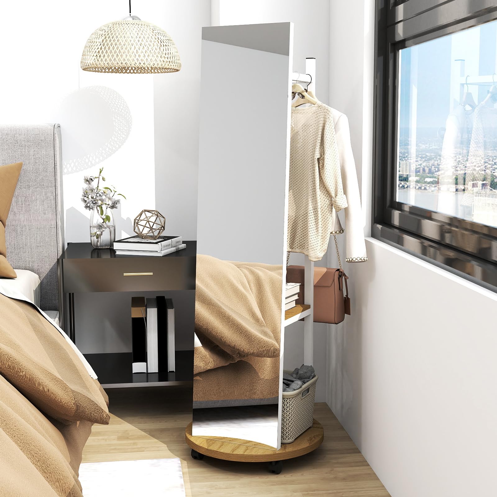 COSTWAY Miroir sur Pied Grand avec Porte-Manteau 4 Roues Pivotantes 360° 3 Crochets Cadre Métal 45 x 135 cm Blanc Naturel
