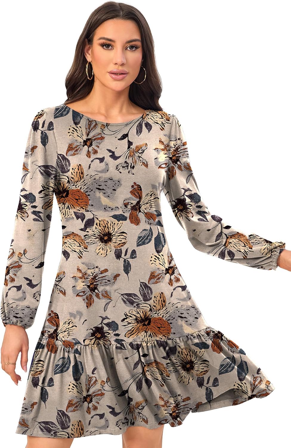 Women's Fashionable Long-Sleeved Loose-Fitting Mini Dress Crew Neck with Backless Bow Tie Flowing Ruffled Hem Dress - Image 3