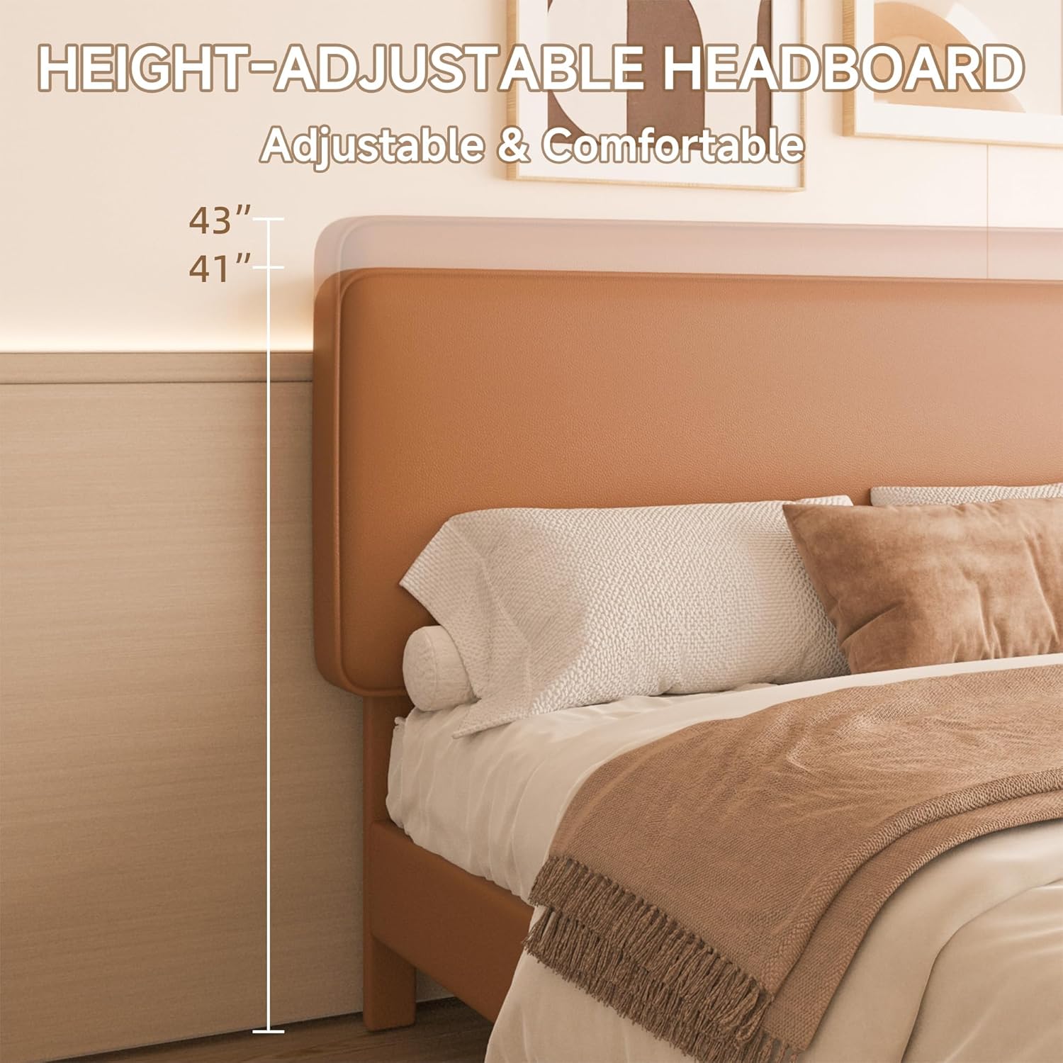 Queen Size Leather Platform Bed Frame with Adjustable Upholstered Headboard, Solid Wooden Legs, No Box Spring Needed, Easy Assembly, Noise Free, Orange-Brown