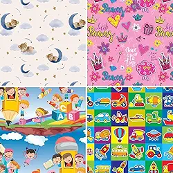 Papel para Presente, 50cm X 60cm, Couchê, Fantasia, Infantil I, 4 Estampas Sortidas, Pacote com 40 Folhas, Gessele