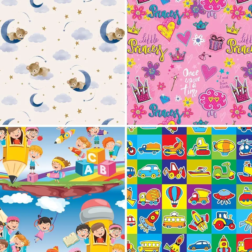 Papel para Presente, 50cm X 60cm, Couchê, Fantasia, Infantil I, 4 Estampas Sortidas, Pacote com 40 Folhas, Gessele