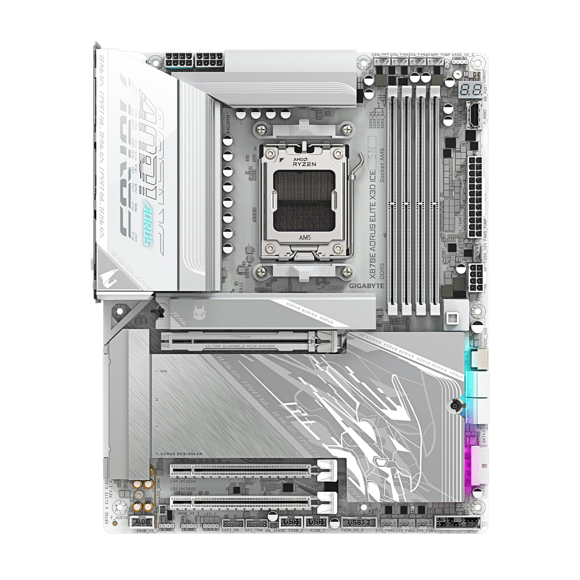 GIGABYTE X870E AORUS Elite X3D Ice Carte mère AMD AM5 LGA 1718 ATX, Prend en Charge Les processeurs AMD Ryzen 9000/8000/7000, DDR5, Power Phase 16+2+2, 4X M.2, PCIe 5.0, WiFi, 5 GbE, Plus de Garantie
