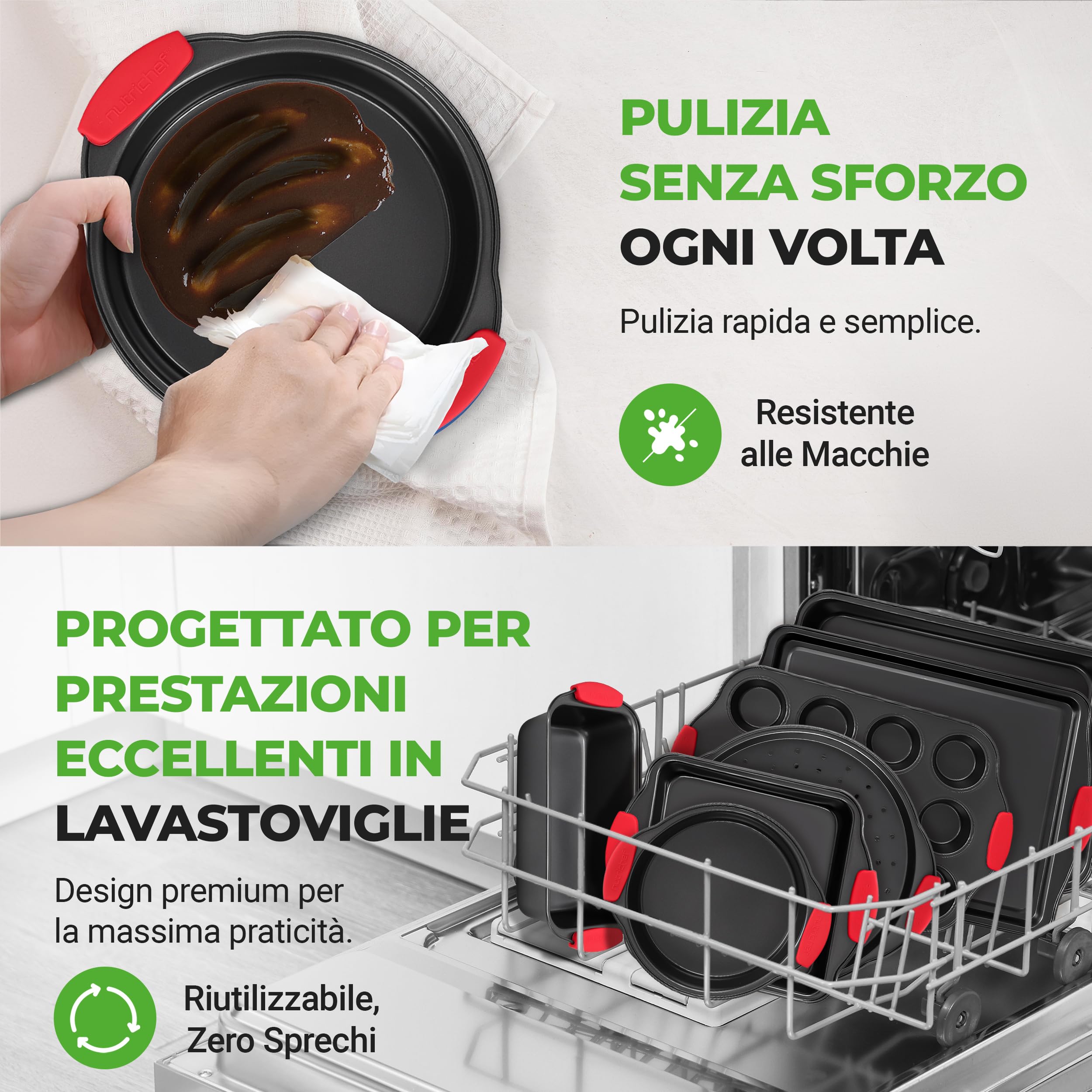 NutriChef Set da 8 Teglie da Forno con Manici in Silicone Rosso, Teglie Forno Antiaderenti in Metallo Professionale, Rivestimento Grigio Interno ed Esterno