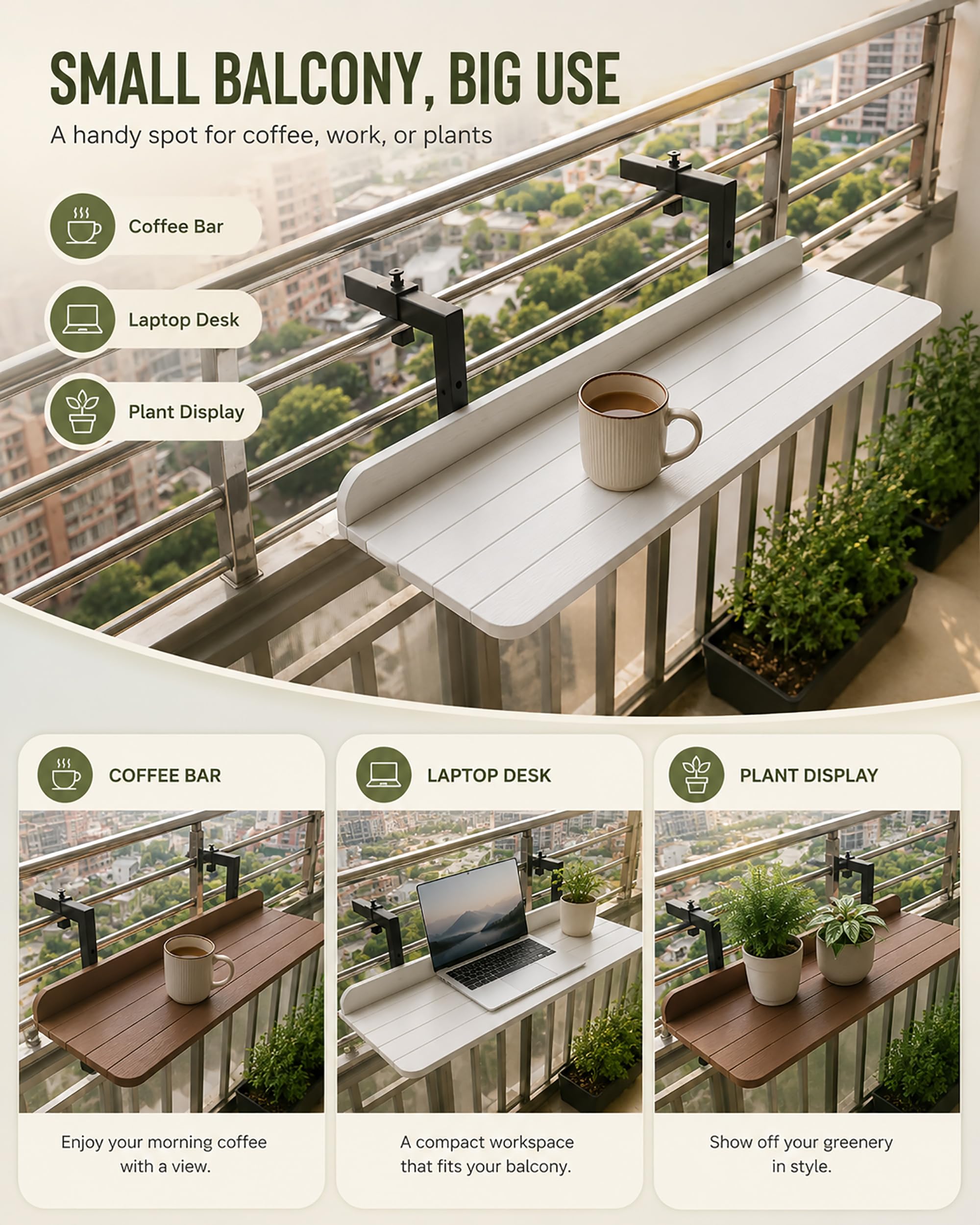 Mesa Colgante para Balcón Plegable - Barra Bar de Terraza Exterior Sin Taladrar, Altura Ajustable con Borde de Seguridad, Madera Plástica,Blanca,80 * 25cm