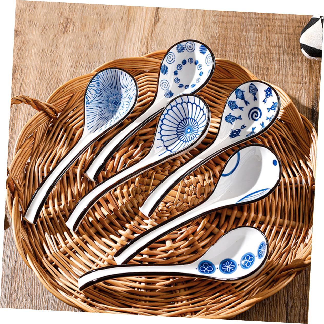 Chinesische Keramik Suppenlöffel mit Großem Fassungsvermögen | Asiatischer Stil, Feines Muster, Ergonomischer Griff, 6 Stück, für Ramen und Suppen
