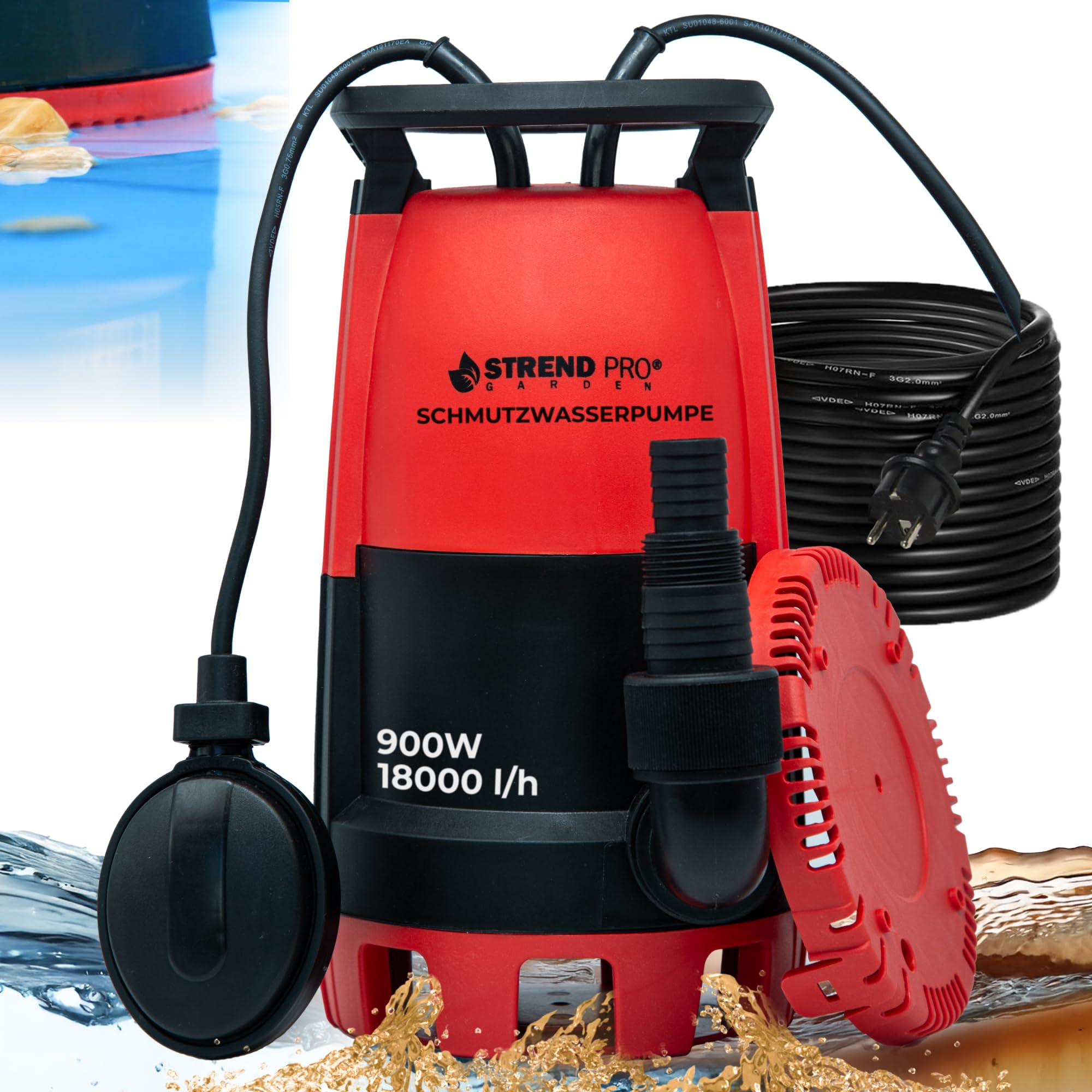 STREND PRO Tauchpumpe MC900E | FLACHSAUGEND ab 1mm | mit SCHWIMMERM | 900W, 18000 l/h | Wasserpumpe | KLARES UND TRÜBES WASSER aus Schwimmbädern, Stauseen, Brunnen, Schächten | Schmutzwasserpumpe