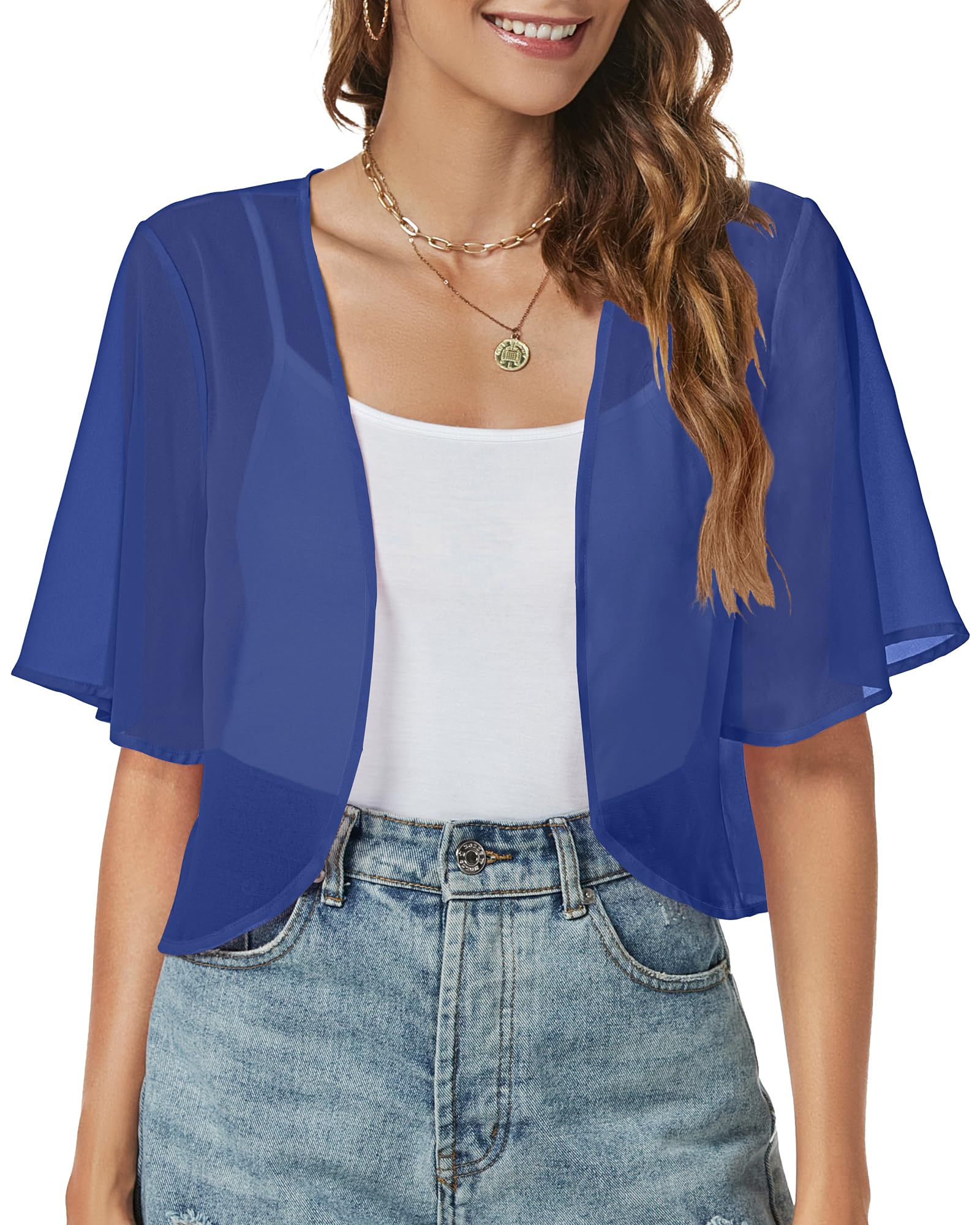 Women Shrug Chiffon Cardigan Open Front Short Sleeve Sheer Bolero for Dress | Lightweight Cropped,Loose Fit,Mesh Cover Up,Shawl Evening Dresses,Summer Outfits