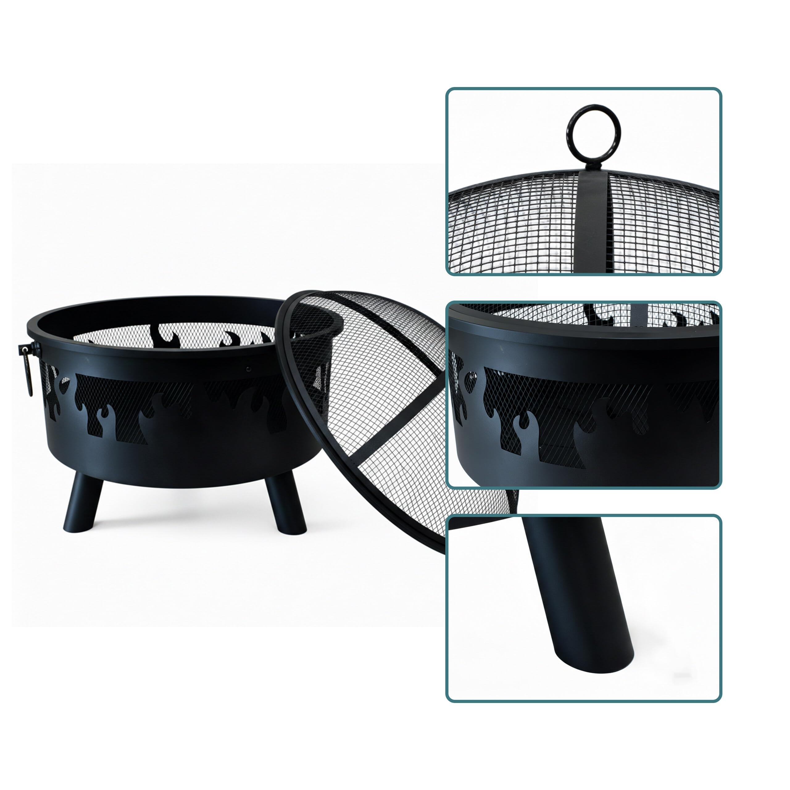 Relaxdays Feuerschale, Ø Schale 64 cm, Funkenschutz, Schürhaken, Stahl, Flammen-Design, Feuerstelle Garten, schwarz