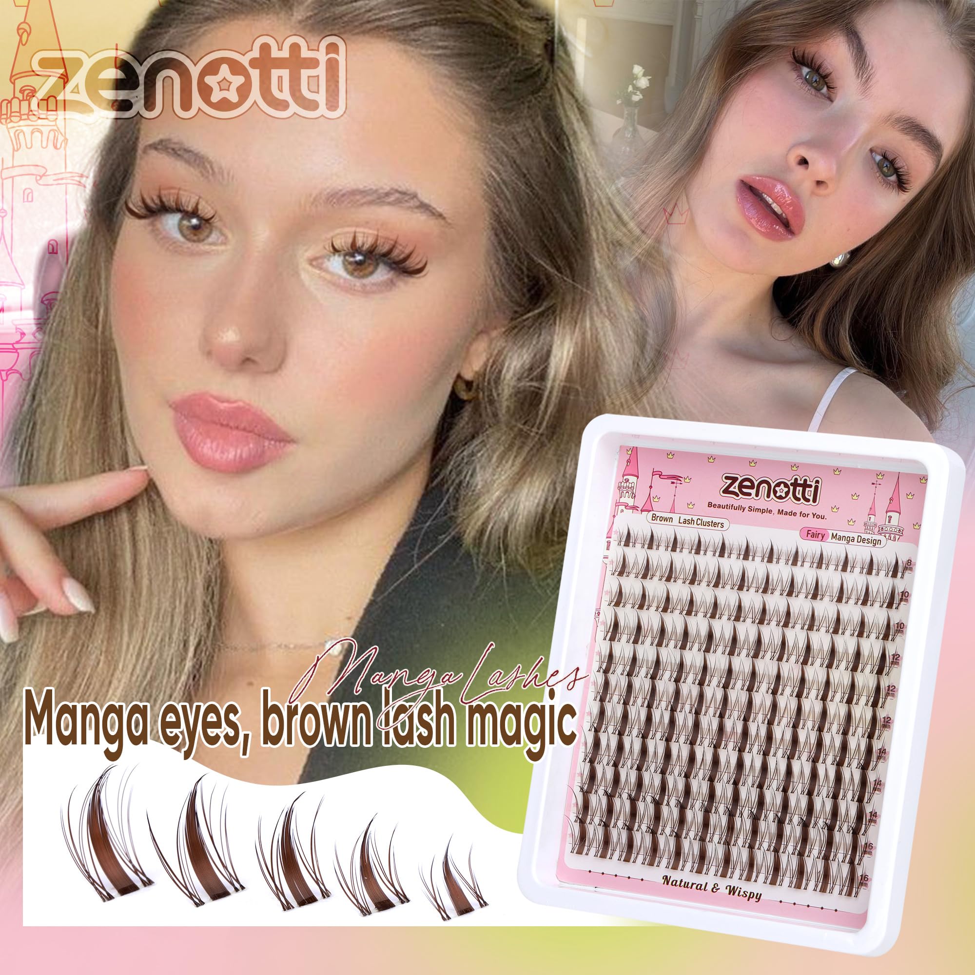 Brown Lash Clusters Manga Eyelash Clusters Natural Fairy Cluster Eyelash Extensions Wispy Spiky Individual Lashes Invisible Band DIY Anime Lash Extensions with Clear Band 8-16MM by zenotti - Image 2
