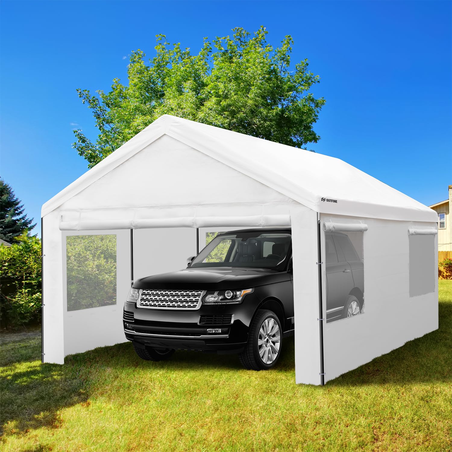 OUTFINE Carport Canopy 12x20 FT Heavy Duty Boat Car Canopy Garage with Removable Sidewalls and Roll-up Ventilated Windows, Tent Stakes x 12, Windproof Ropes x 4, Sandbags x 4 (White) (box B only)