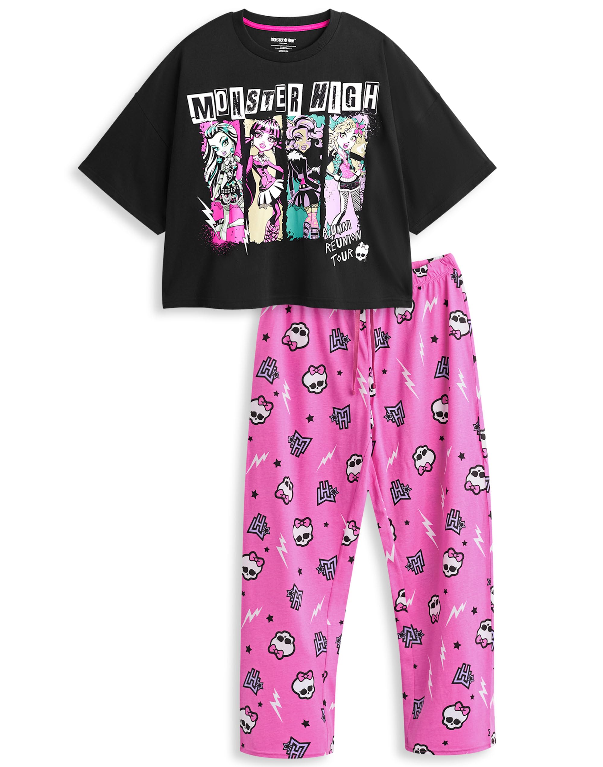 Monster High Womens Pajama Set | Adults Alumni Reunion Tour Graphic Short Sleeve Top & Long Leg PJ Bottoms