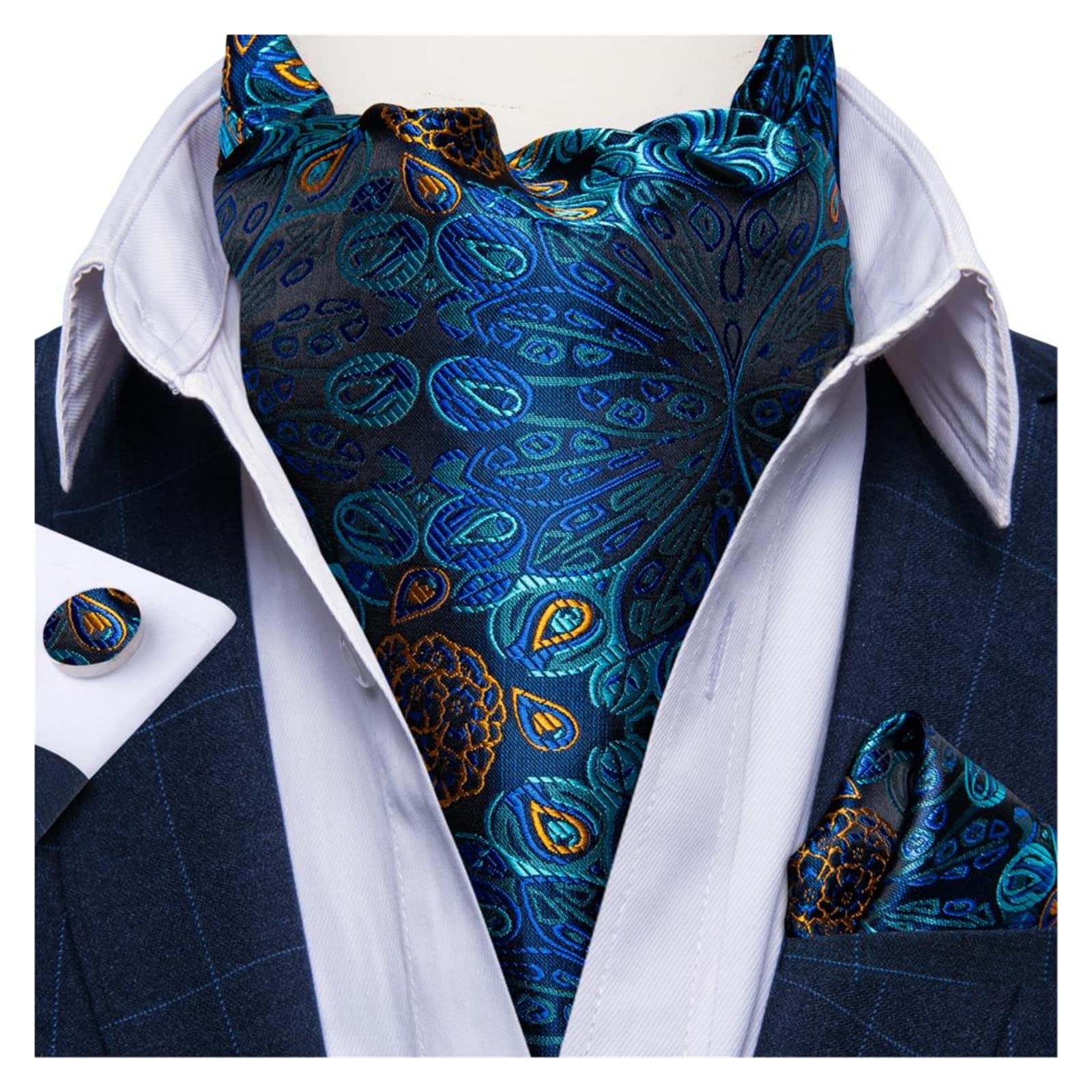genericLuxury Silk Ascot Tie Cravat Tie Handkerchief Cufflinks 3pcs Set Blue Paisley Floral Wedding Cravats Necktie fulfill (Color : ASC-2038, Size : Same)