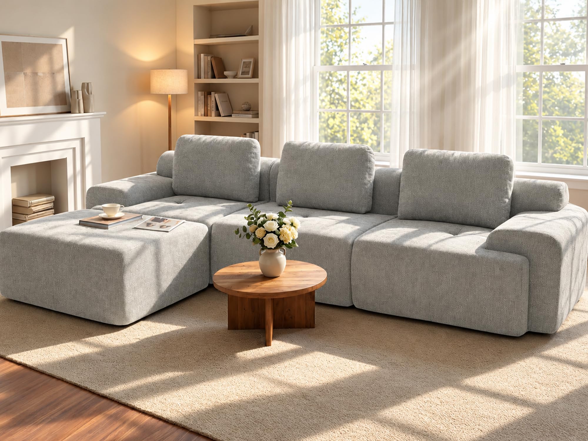 122" L Shaped Oversized Boneless Couch, Comfort Cloud Sectional Couches for Living Room, Modular Sofa High Back &amp; Extra Deep Seat, No Assembly, Soft Chenille(Light Grey, 122 inch-L shaped（3+1）)