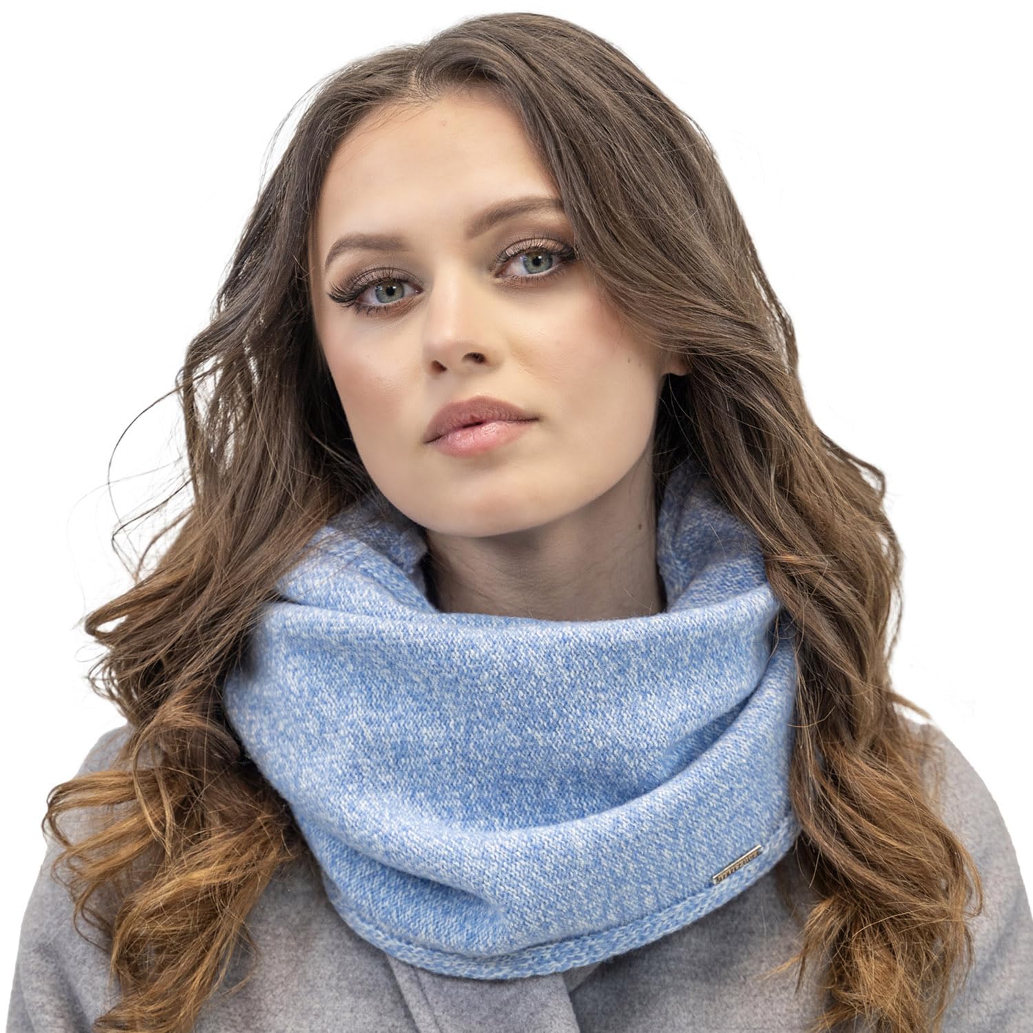 Vivisence Luxurious Wool Snood Scarf With Timeless Soft And Warm Melange Pattern Foldable Ultimate Warmth And Style Ideal For Cold Winter And Autumn Weather, Light Blue Melange,UNI