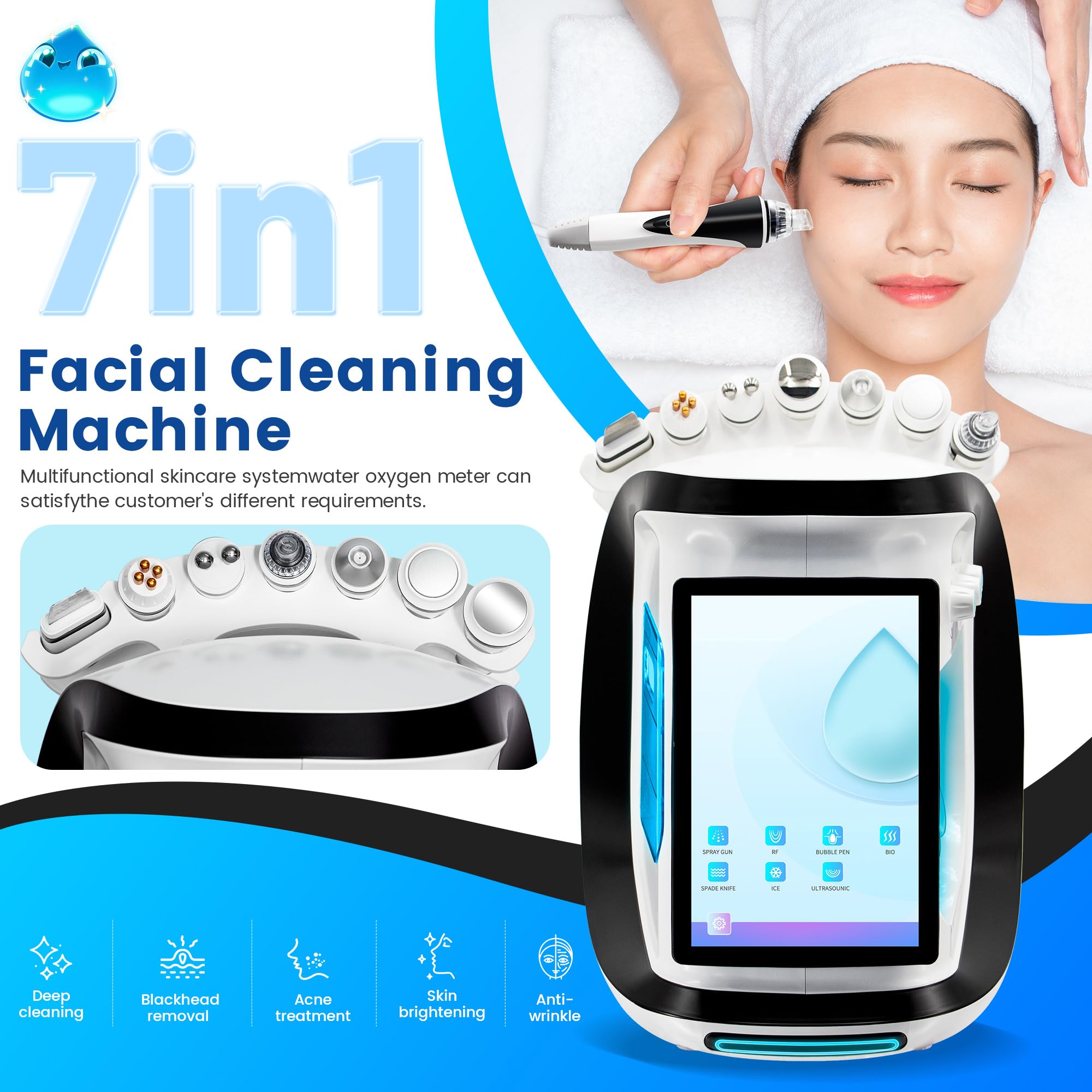 Hydrodermabrasion Gesichtspflegegerät 7 in 1, 10,1 Zoll Touchscreen, 14 Sprachen, RF, Bio RF, Ultraschall, Kältehammer, Spatel und Sauerstoffspray